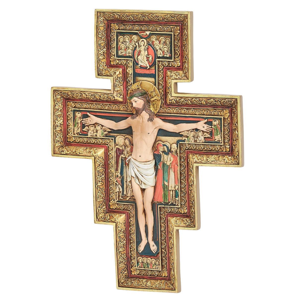 Alternate front view of Joseph's Studio San Damiano Crucifix highlighting the traditional painted figures and decorative border