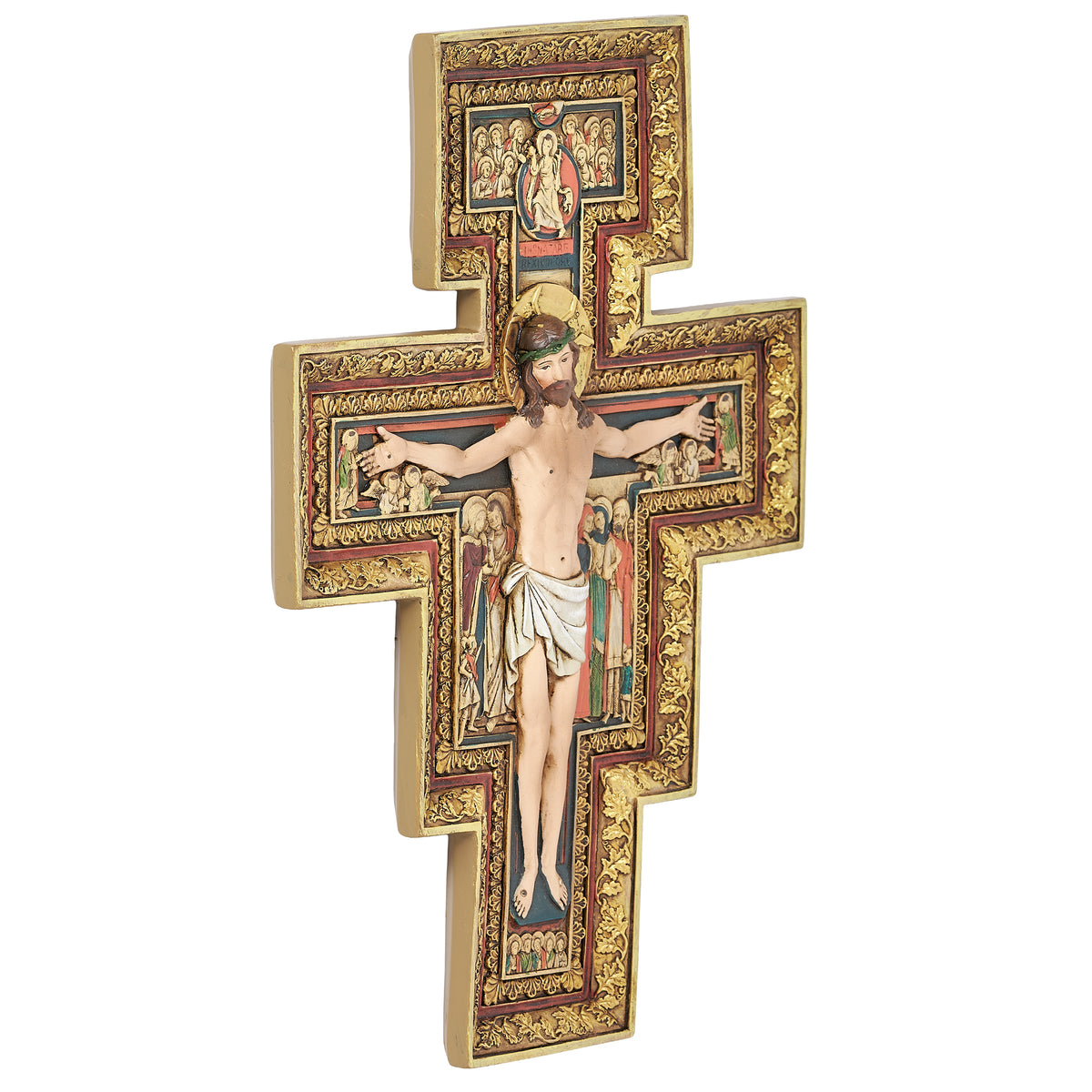Side angled view of Joseph's Studio San Damiano Crucifix showing the raised crucifix form and layered icon-style design