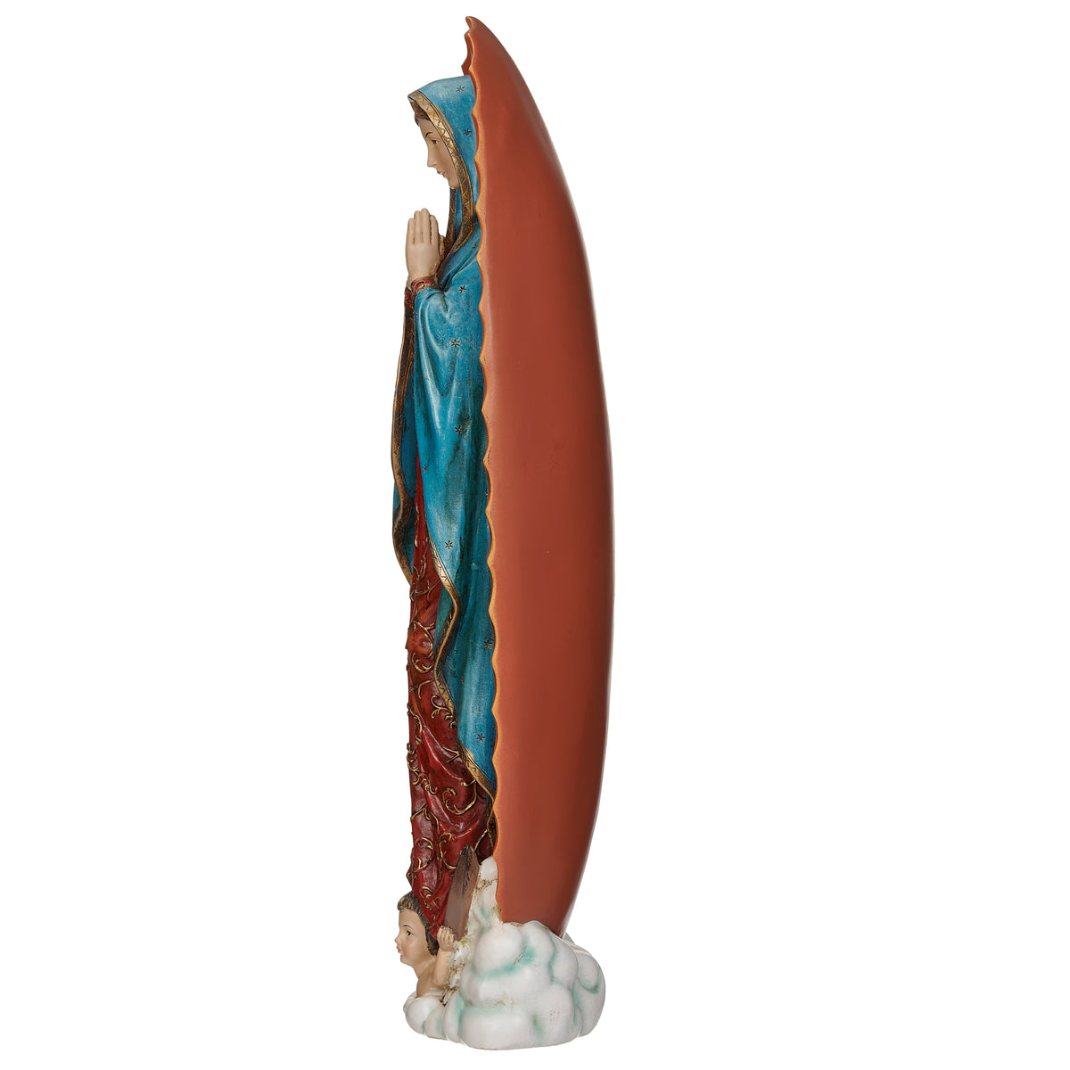 Side view of Our Lady of Guadalupe Renaissance Collection Figure showing the blue mantle, red gown, and radiant outer frame