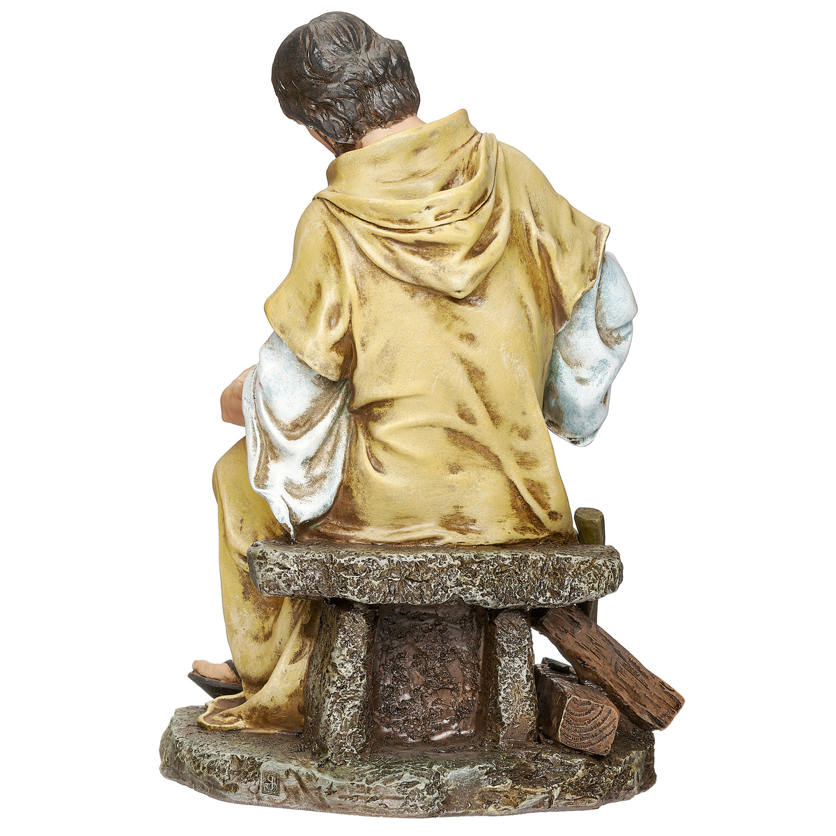 Rear angled view of Joseph's Studio St. Joseph the Carpenter Figure showing the flowing gold robe, seated pose, and carpenter workbench details