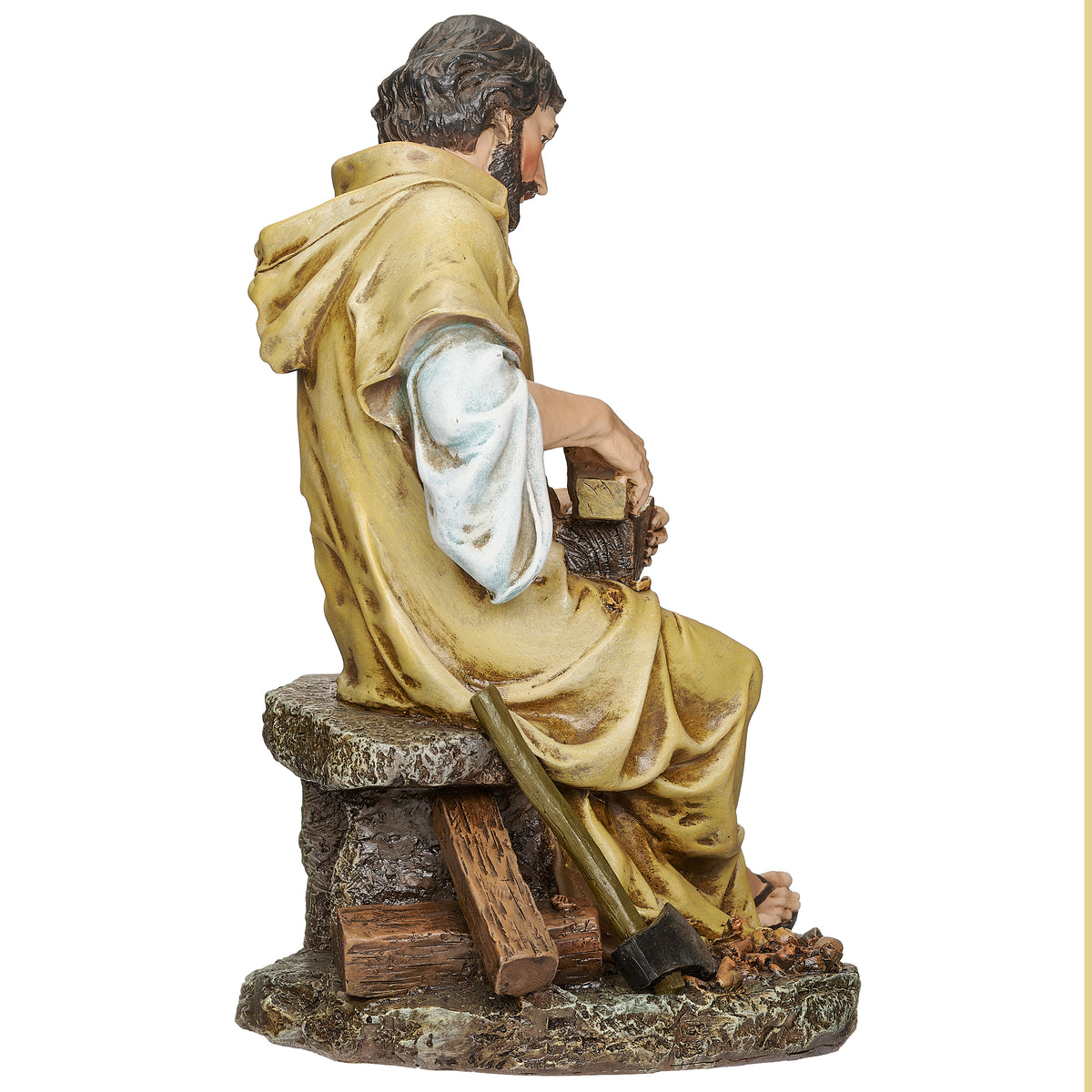 Back view of Joseph's Studio St. Joseph the Carpenter Figure showing the draped robe and sculpted workshop details