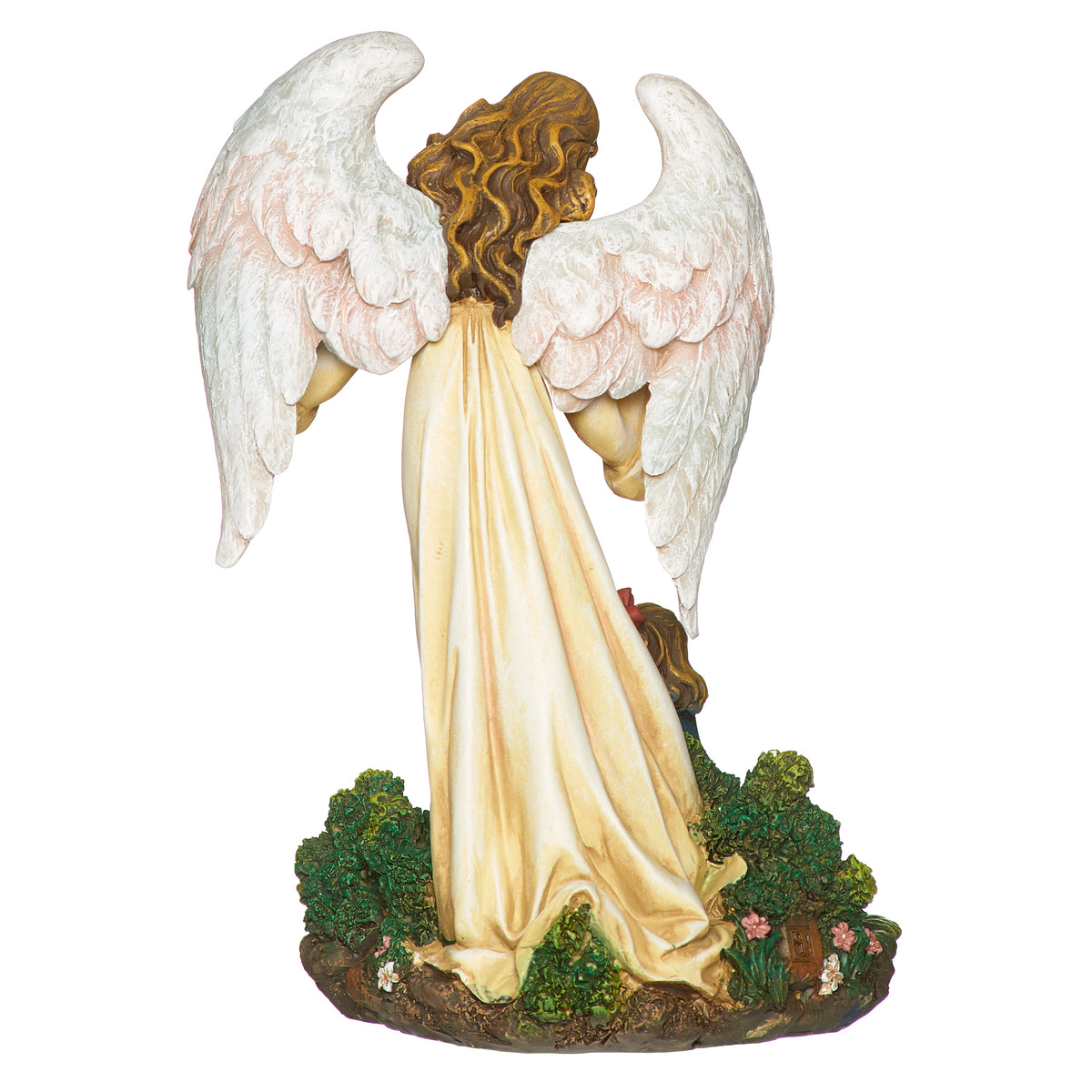 Back view of Joseph's Studio Guardian Angel with Child Figure showing the large feathered wings, flowing gown, and textured garden base