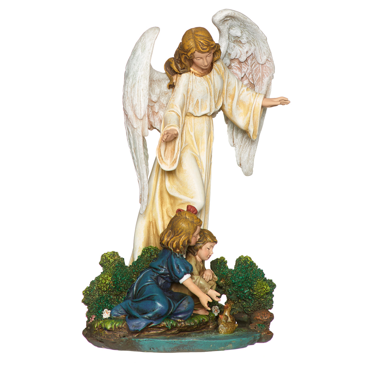 Opposite front angled view of Joseph's Studio Guardian Angel with Child Figure showing the angel with outstretched arms above the children and sculpted greenery