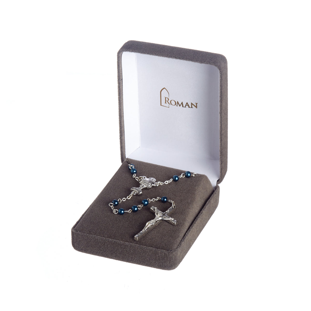 First Communion Blue Bead Rosary displayed inside a presentation box with the blue beads, chalice centerpiece, and crucifix arranged inside
