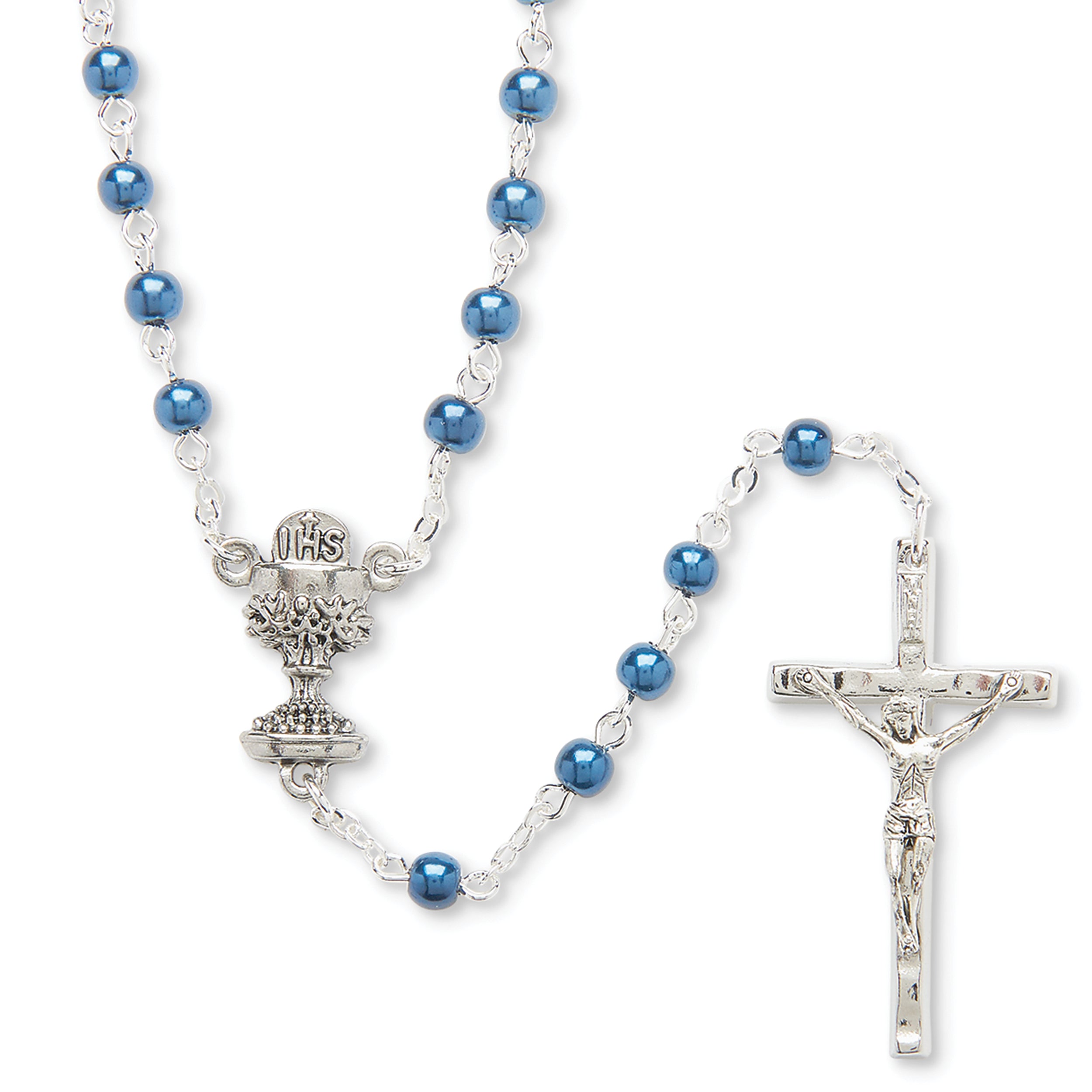 First Communion Blue Bead Rosary with Chalice Centerpiece