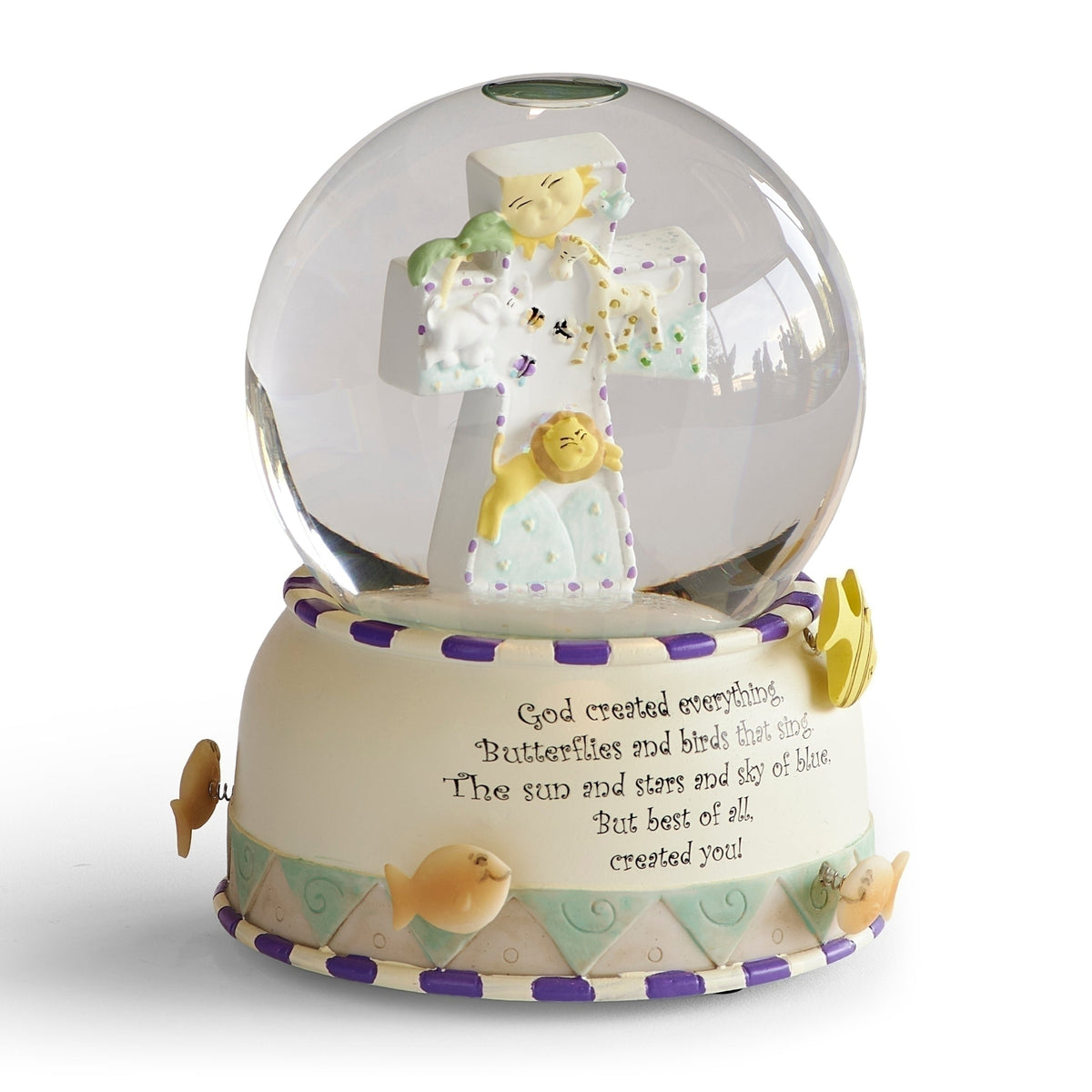Opposite angled view of God Created Everything Musical Glitterdome showing the child and animals inside the globe with the colorful musical base