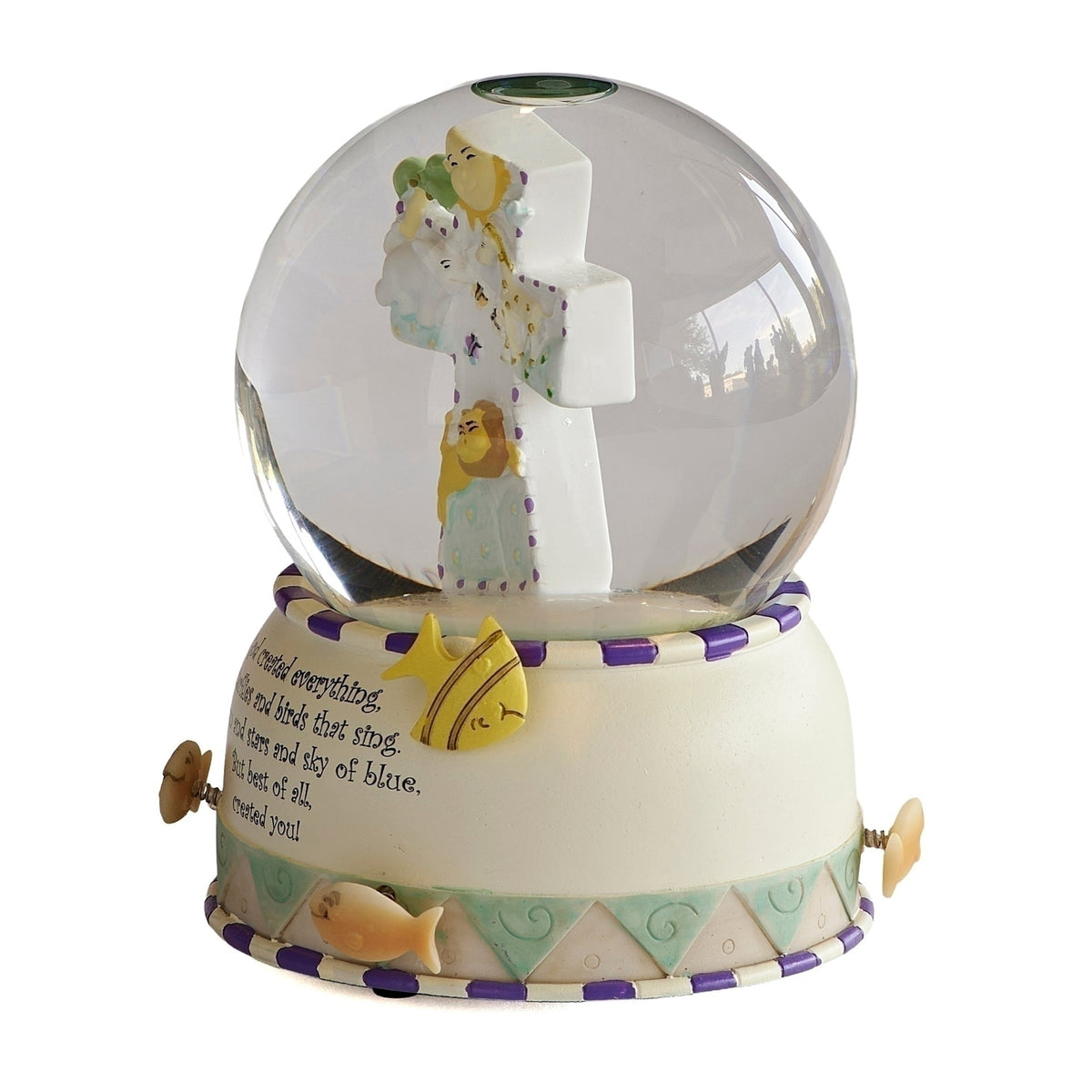 Front angled view of God Created Everything Musical Glitterdome showing the child, animal figures, glass globe, and decorative prayer base