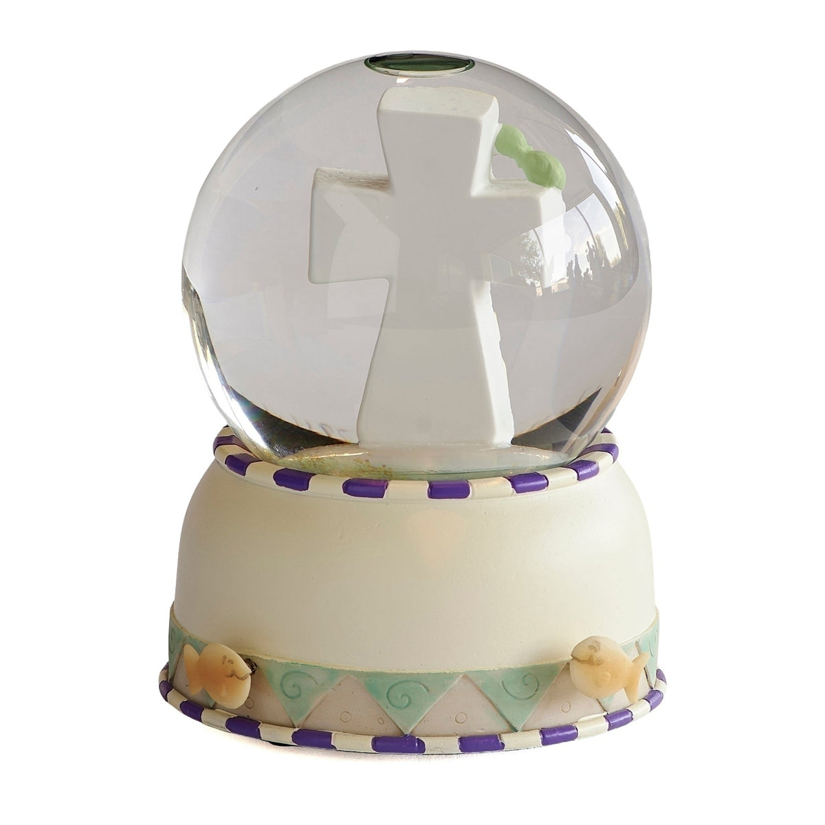 Side view of God Created Everything Musical Glitterdome showing the animal scene inside the globe and colorful sculpted base