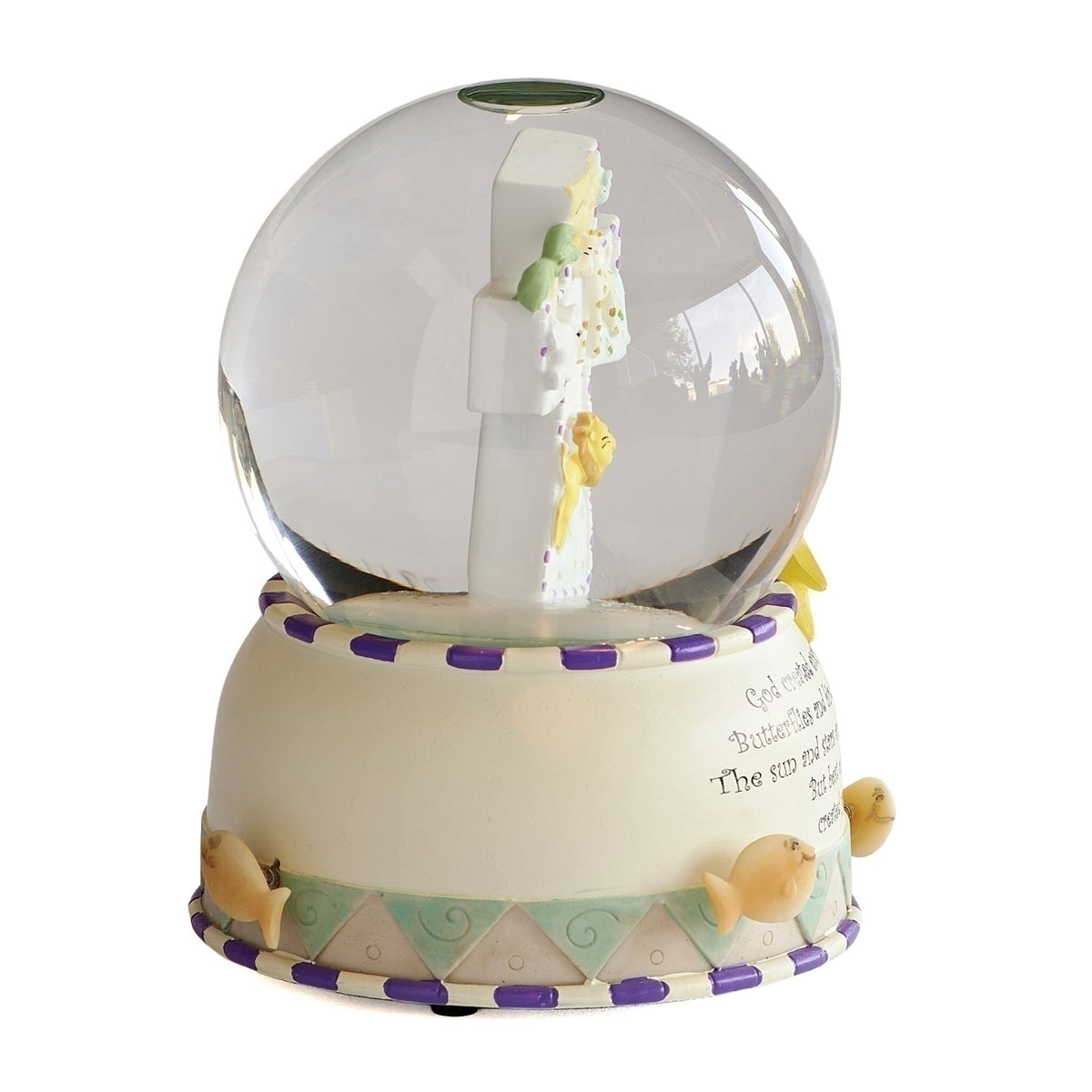 Back view of God Created Everything Musical Glitterdome showing the glass globe, interior animal scene, and decorative base details