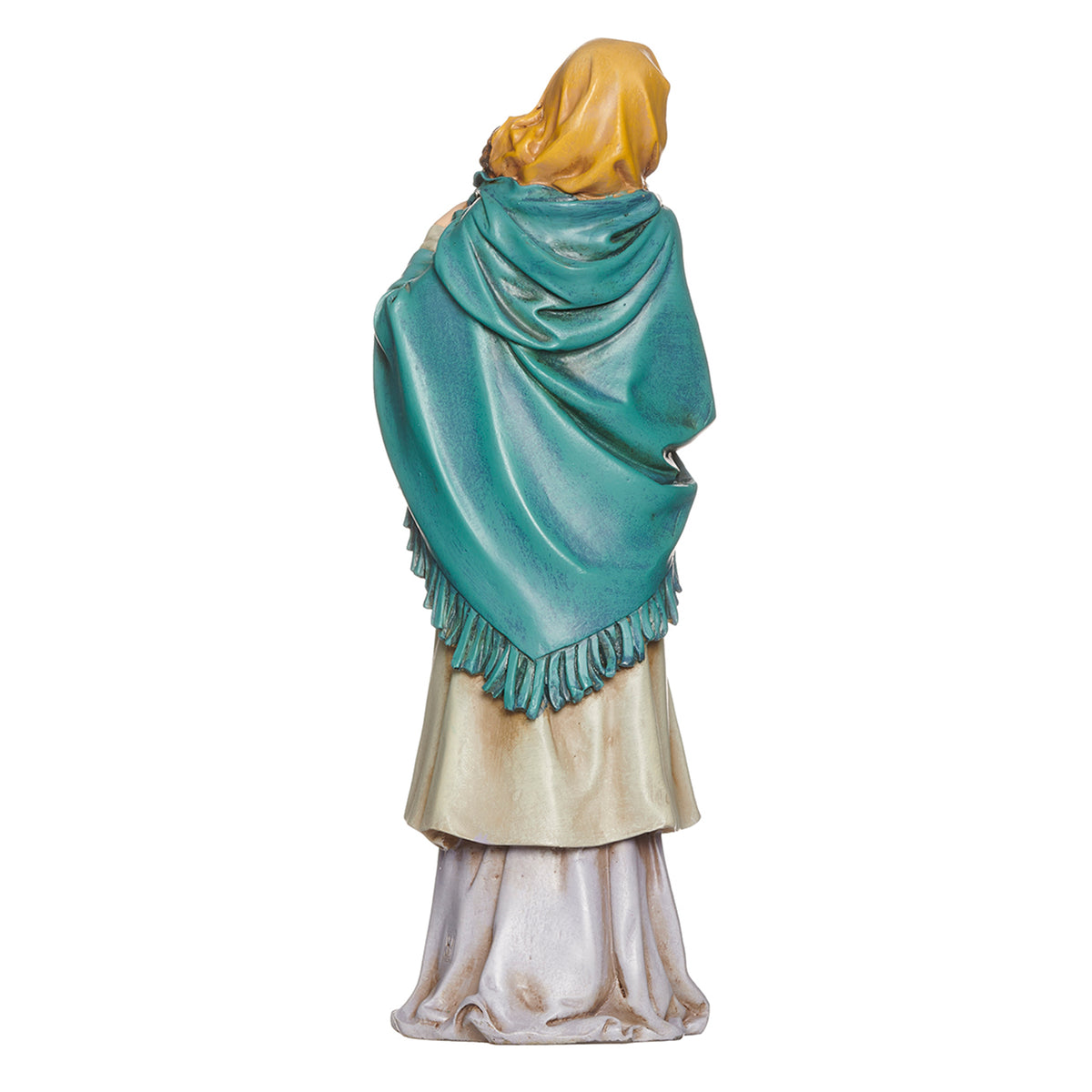 Back view of Joseph's Studio Madonna of the Streets Figure showing the flowing teal mantle over layered cream robes