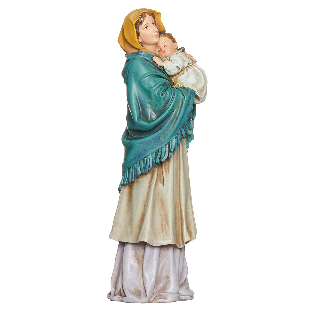 Opposite side view of Joseph's Studio Madonna of the Streets Figure showing Mary cradling the Christ Child with the teal mantle wrapped around them