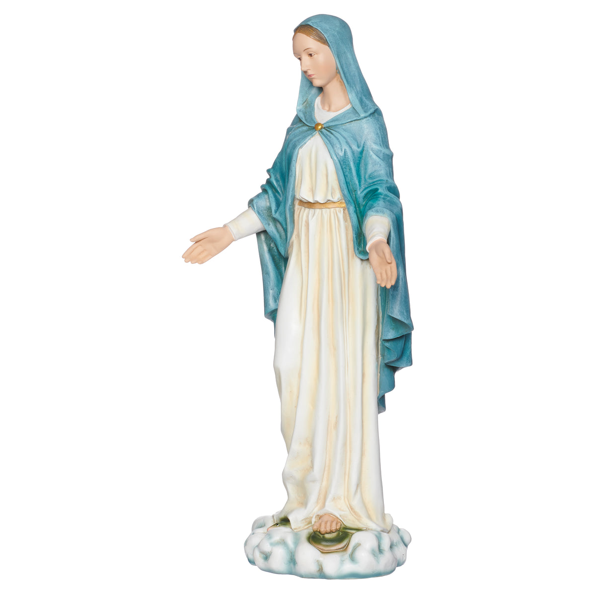 Our Lady of Grace religious statue three-quarter view with white gown and blue cloak