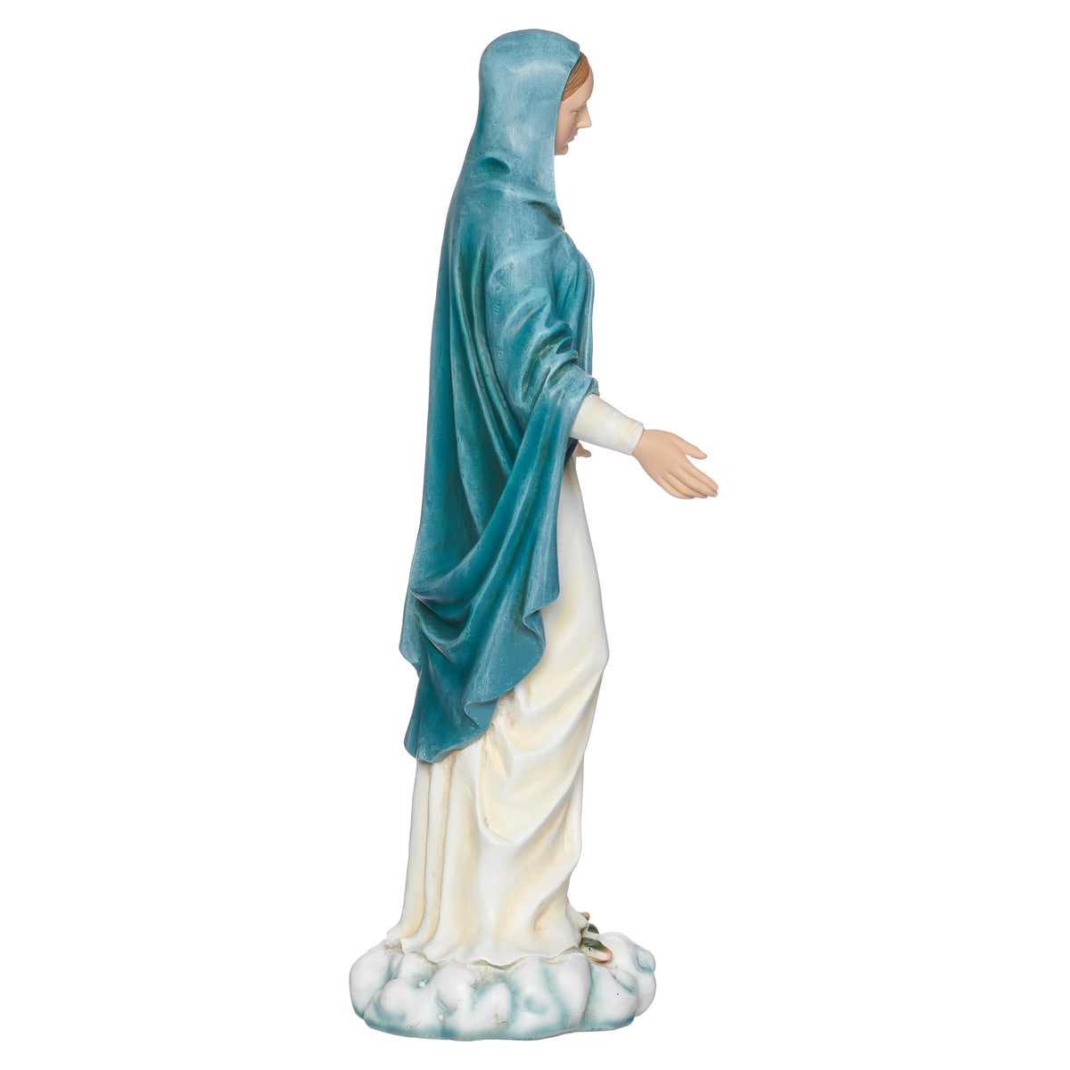 Our Lady of Grace Virgin Mary figurine side view with extended hand and blue veil