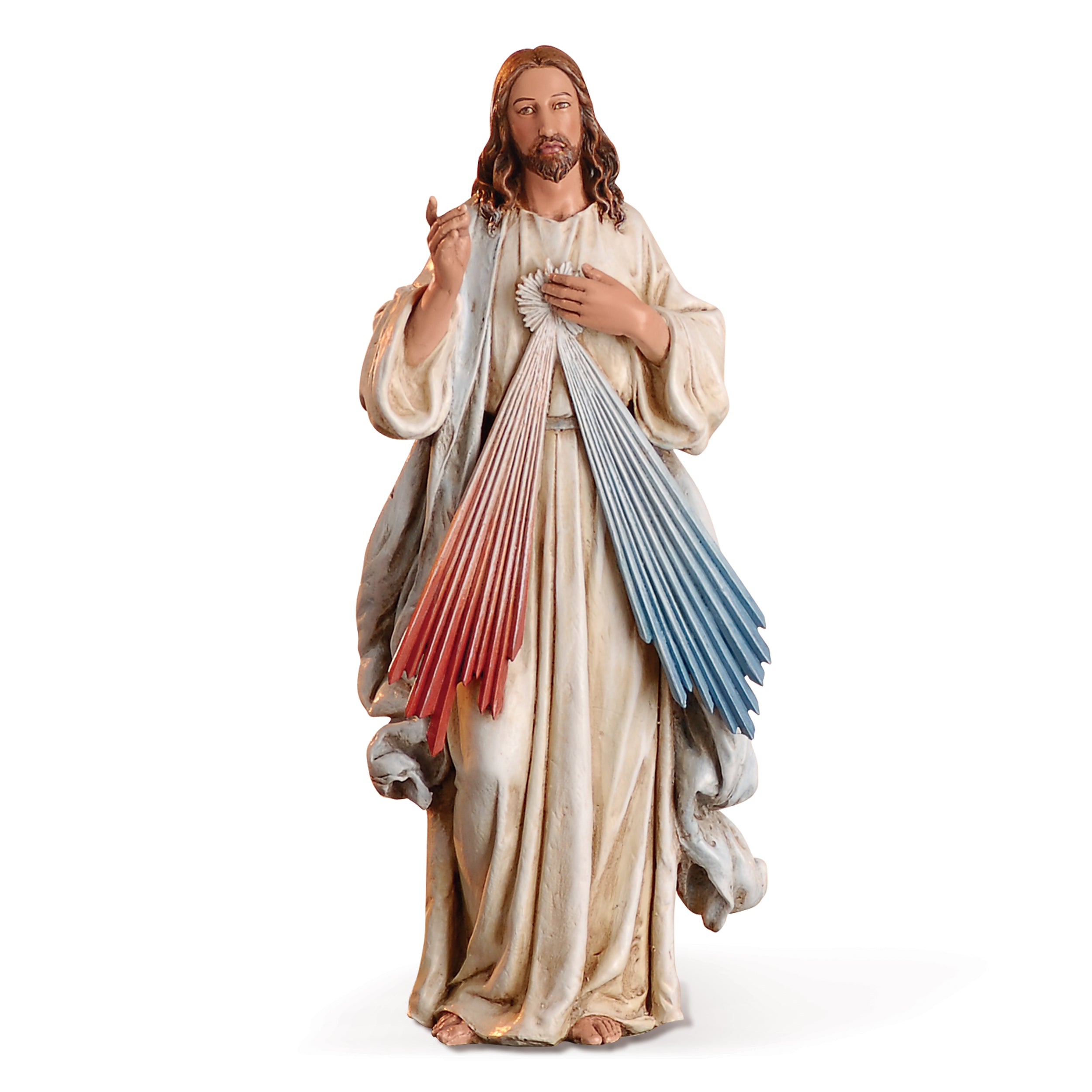 Statue of a religious figure with a colorful robe on a white background