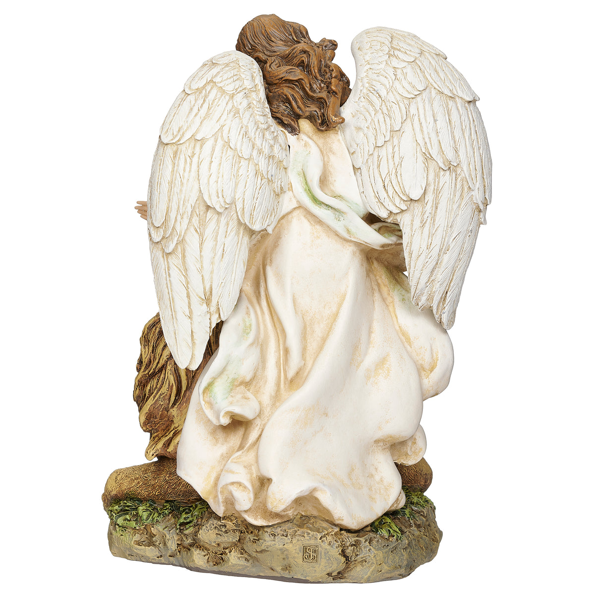 Back view of Joseph's Studio Angel with Lion & Lamb Figure showing the large sculpted wings and flowing robe with the animals at the base