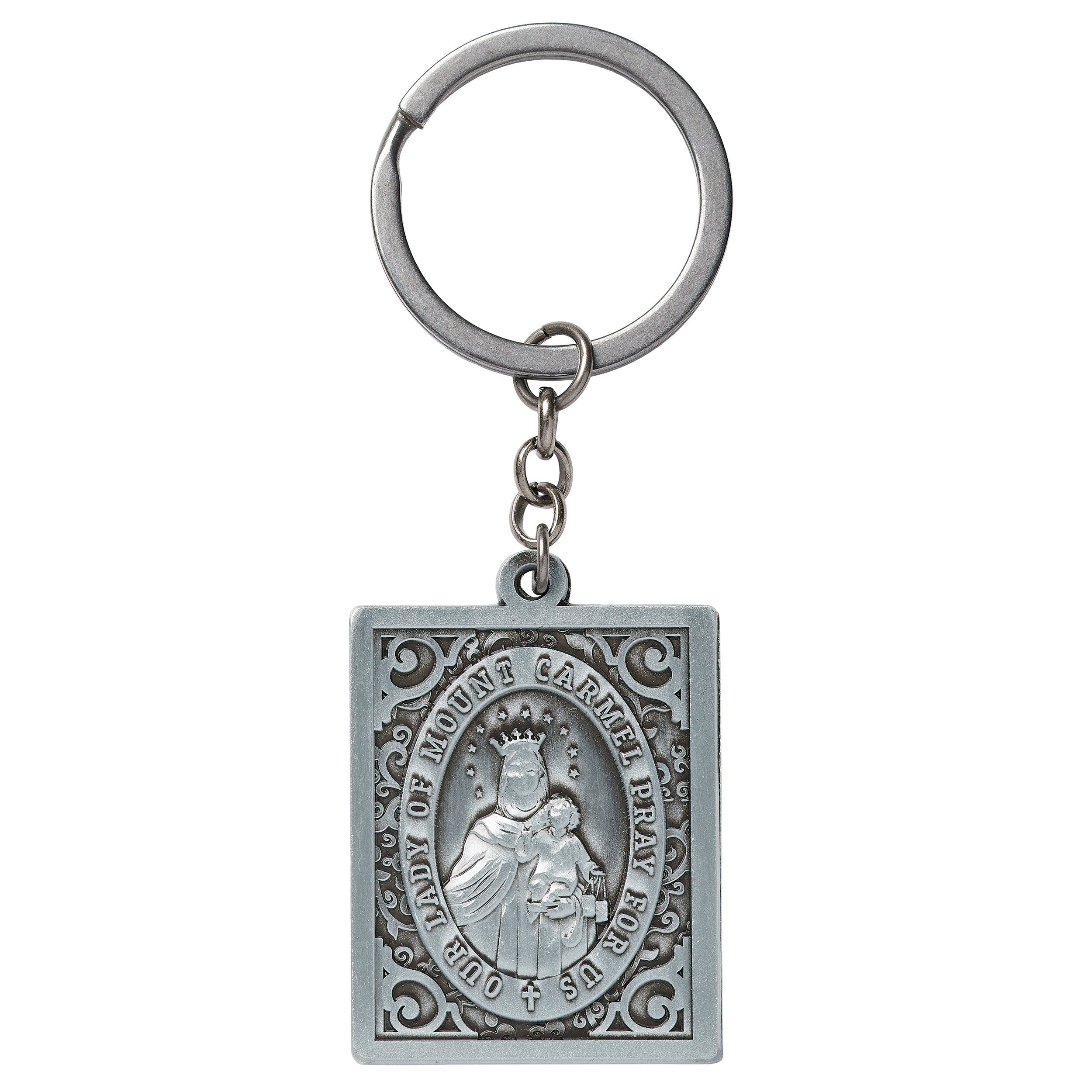 Silver keychain with religious design on a white background
