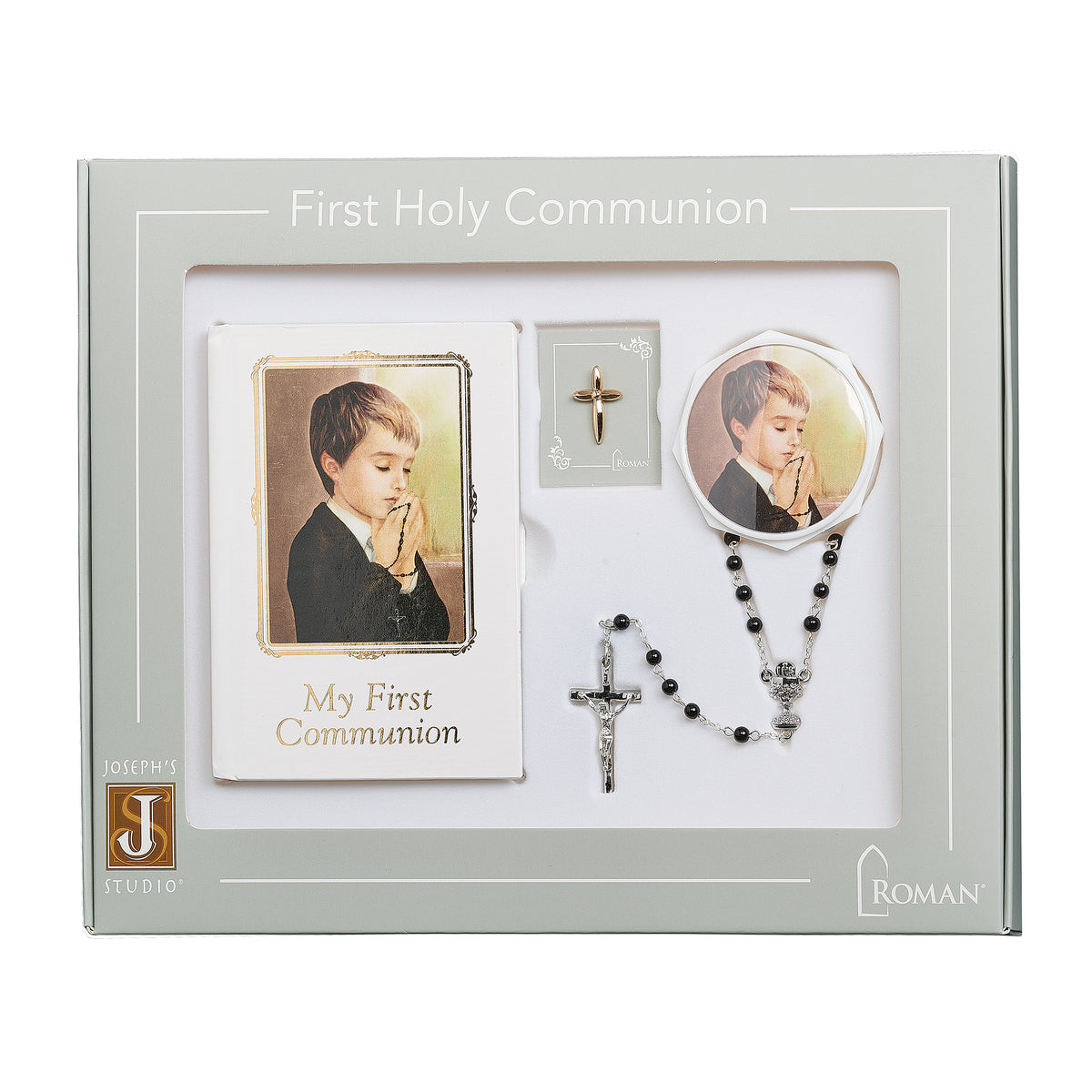 Joseph's Studio Journey of Faith First Communion Boy Gift Set displayed in its presentation box with prayer book, rosary, scapular, keepsake box, and cross pin