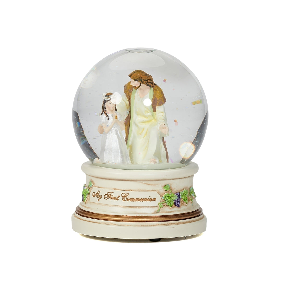 Front view of First Communion musical glitterdome showing the girl in white beside Jesus with “My First Communion” lettering on the base
