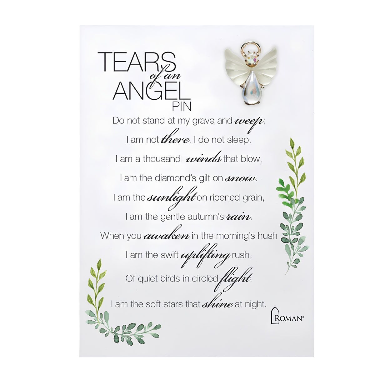 Tears of an Angel memorial pin on sentiment card with green botanical accents