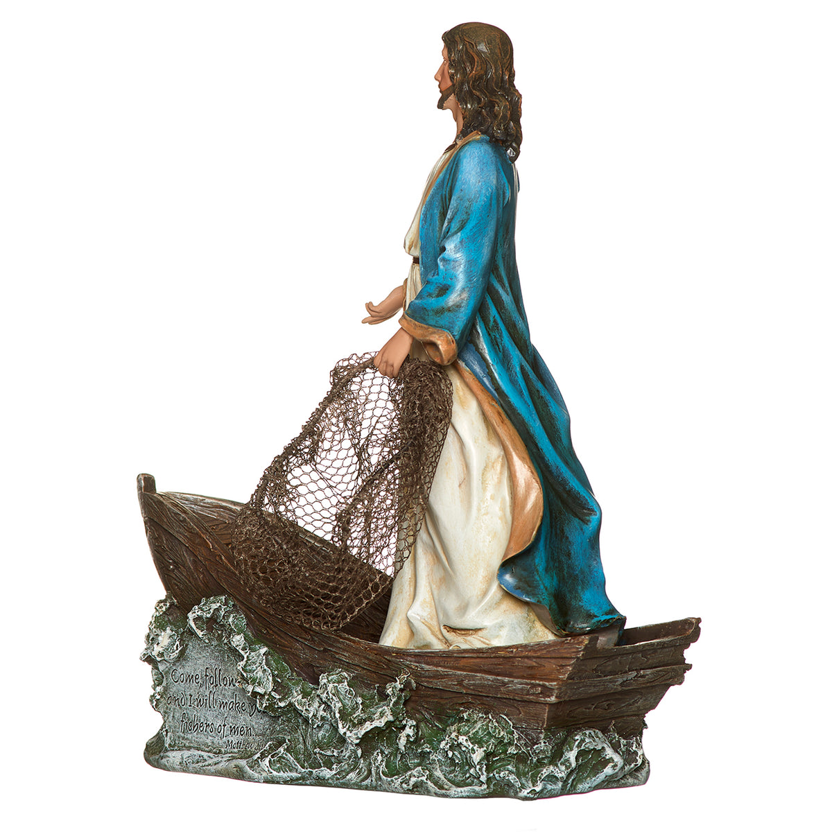 Side view of Joseph's Studio Christ the Fisherman Figure showing Jesus standing in the boat with flowing blue robes and fishing net