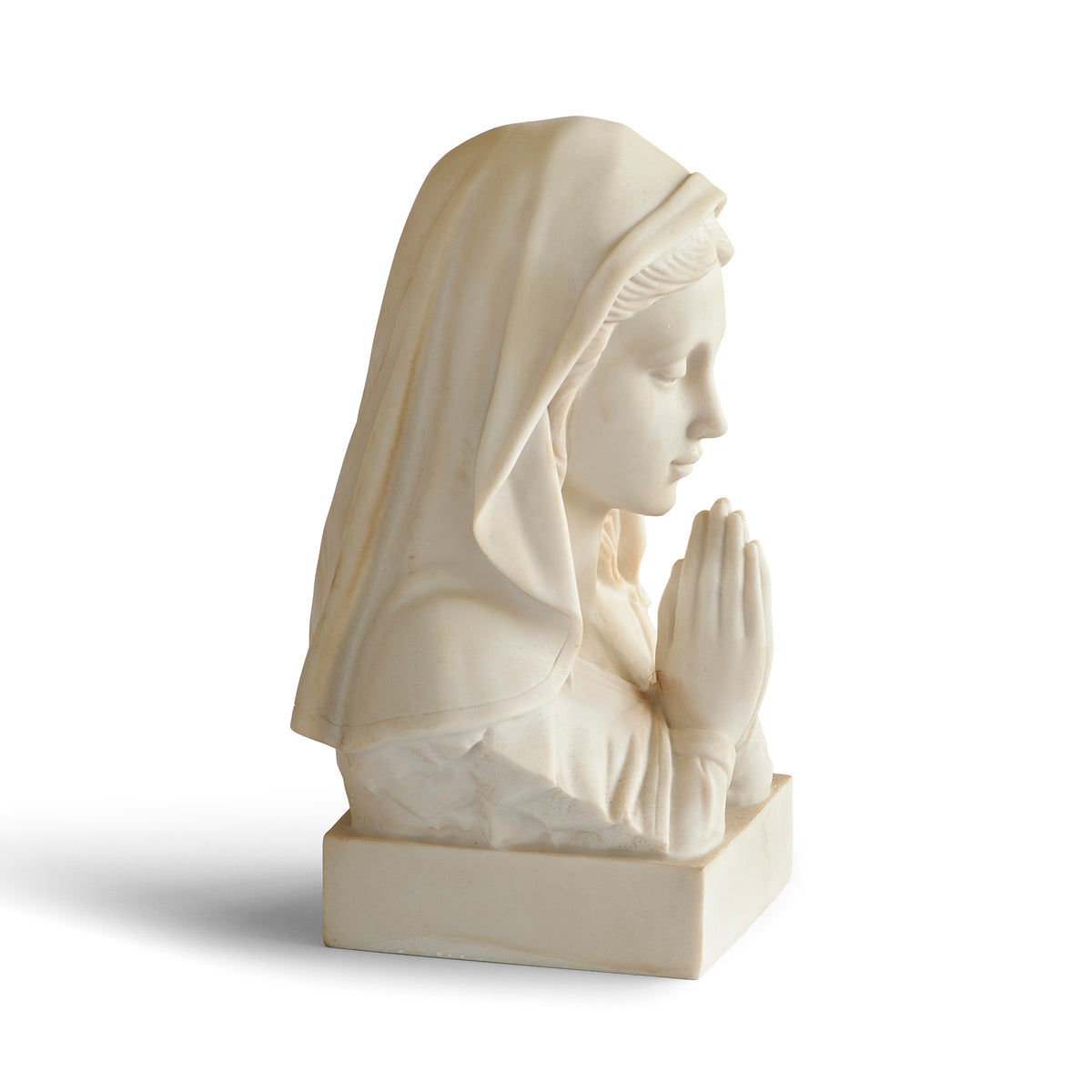 Opposite angled view of Ivory Madonna Bust showing the serene facial features, folded hands, and sculpted veil