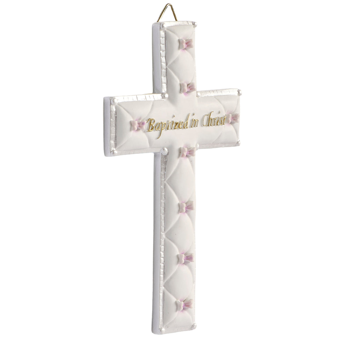 Front view of pink Baptized in Christ Quilted Wall Cross showing the quilted pattern, pale pink bows, and gold baptism inscription