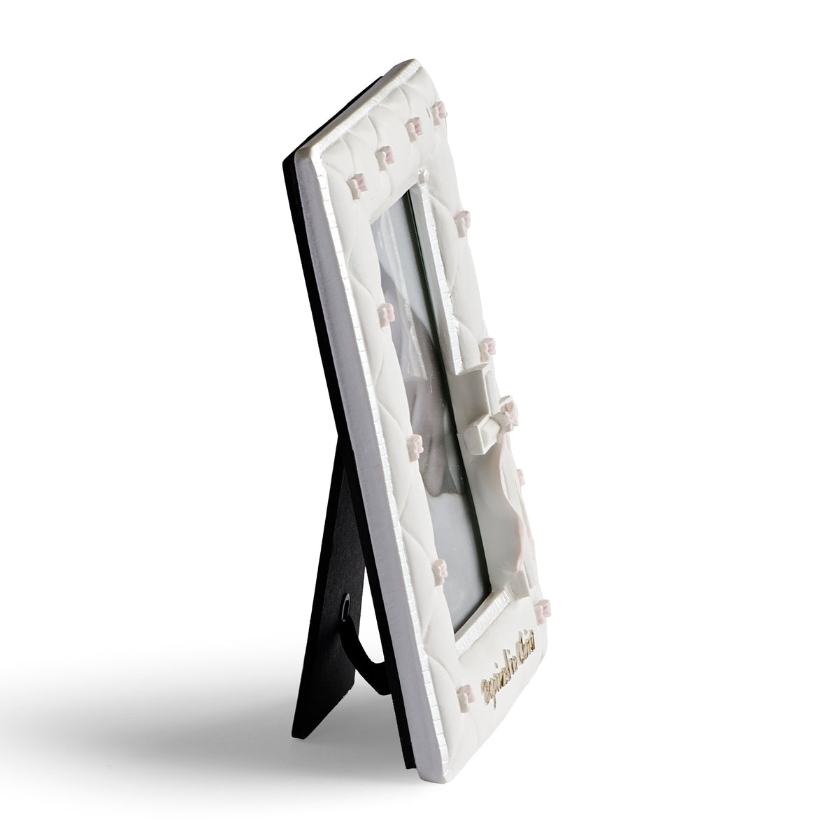 Side view of pink Baptized in Christ Quilted Picture Frame showing the slim frame profile and open tabletop easel stand