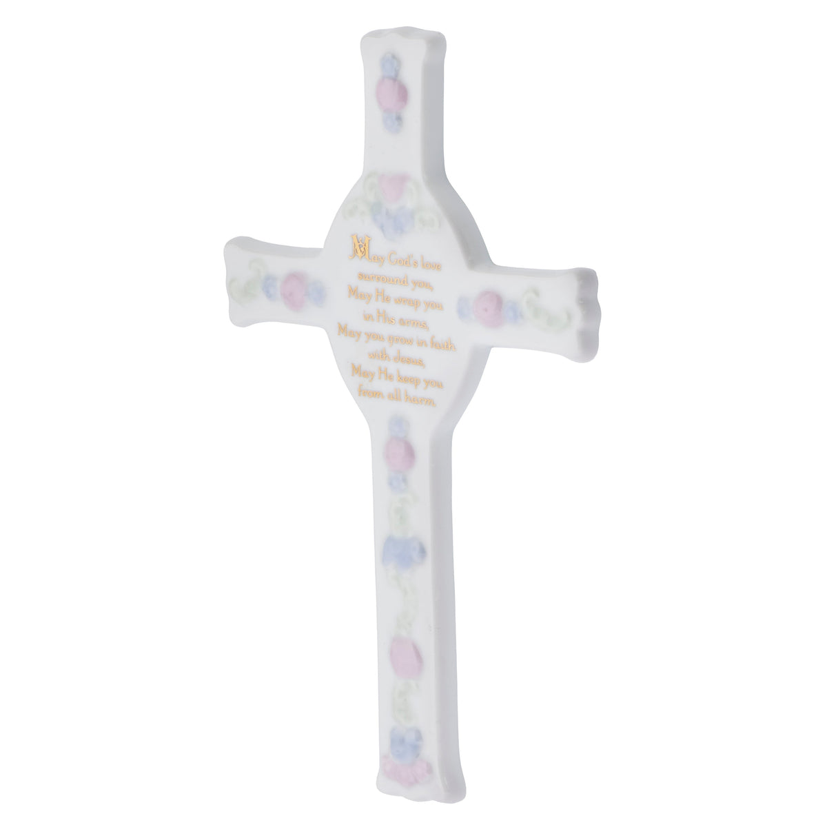 Front angled view of May God's Love Surround You Wall Cross showing the blue floral details and centered faith message