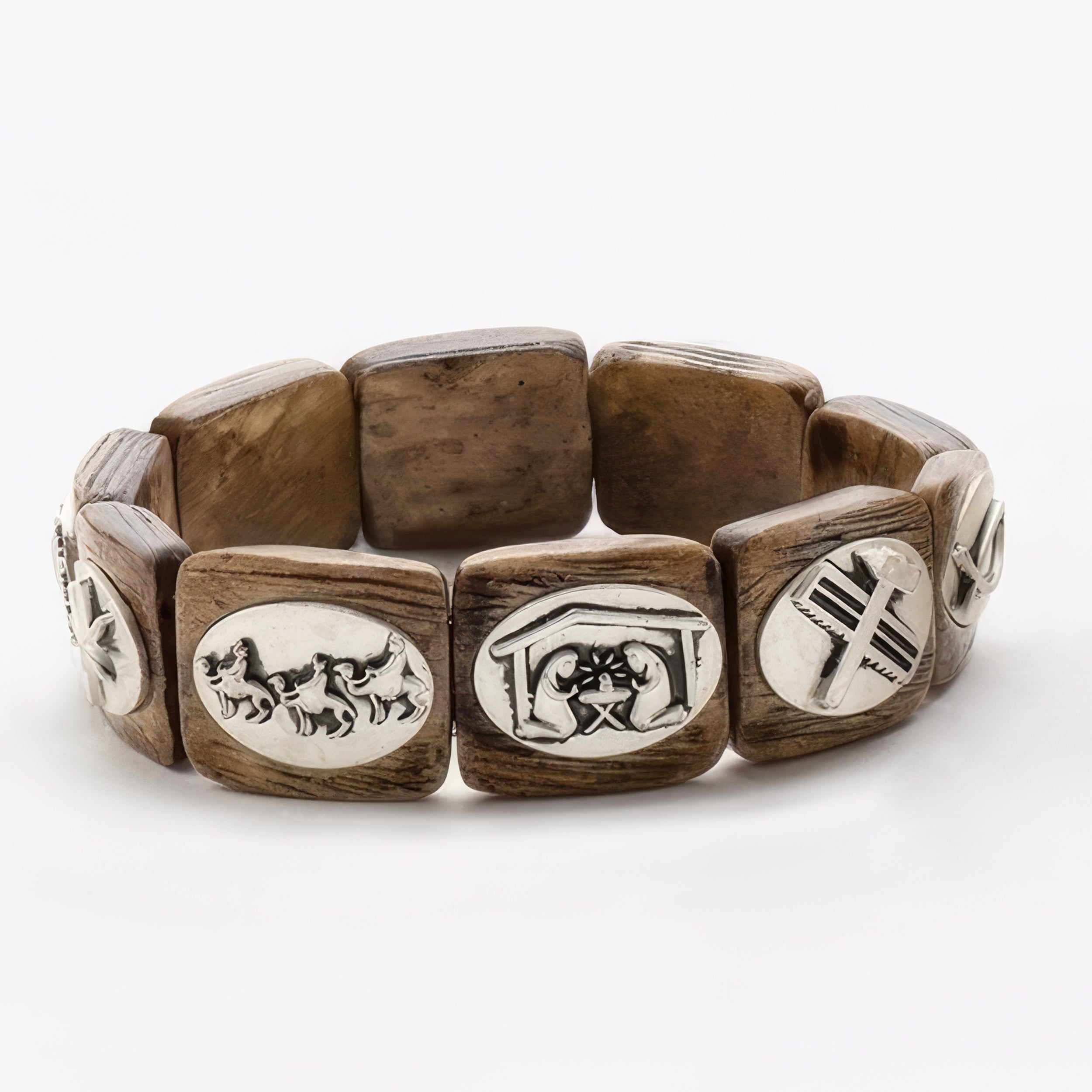 Christ's Story Stretch Bracelet with Carved Silver-Tone Tiles