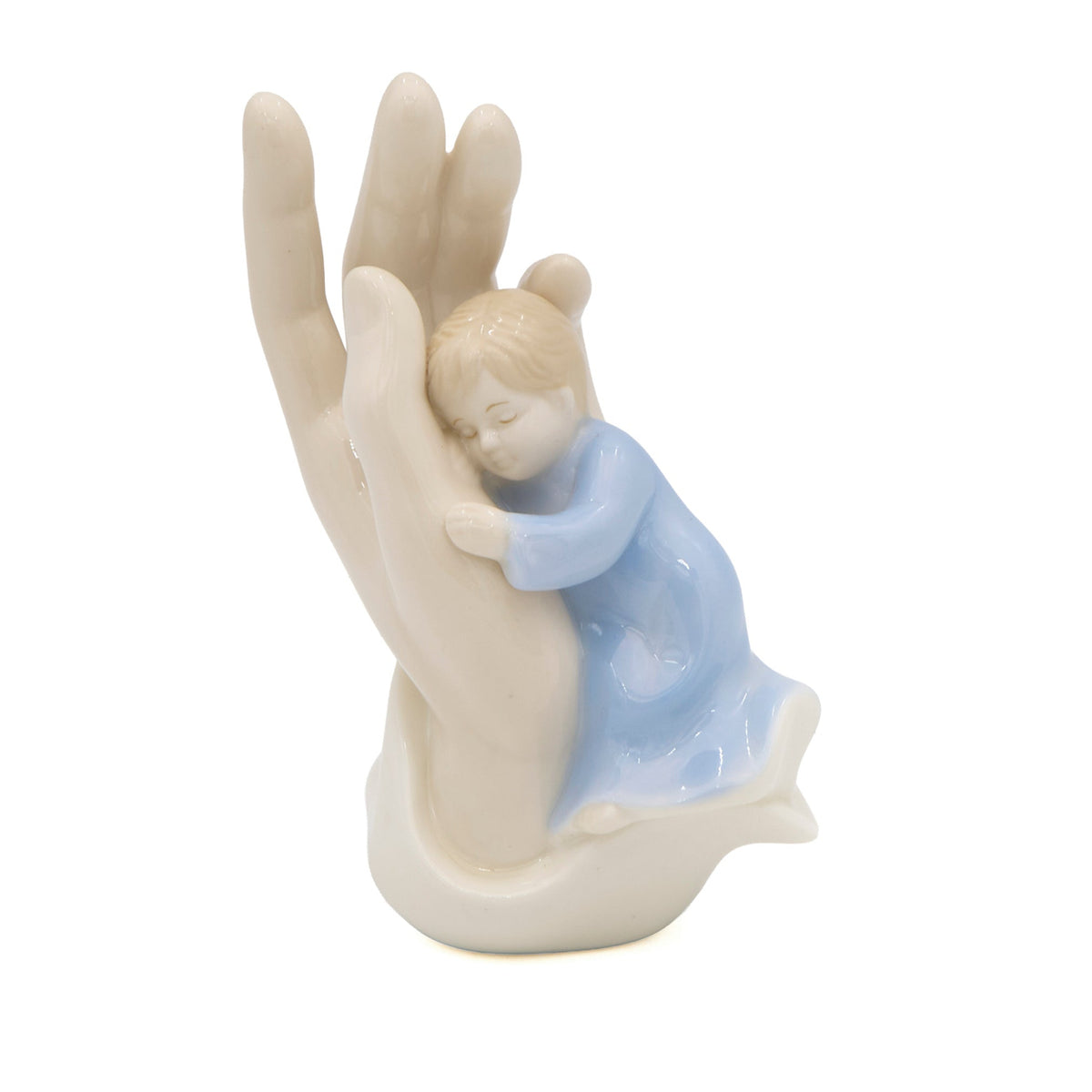 Front angled view of blue Safe in His Hands Figure showing the child cradled within the protective ivory hand