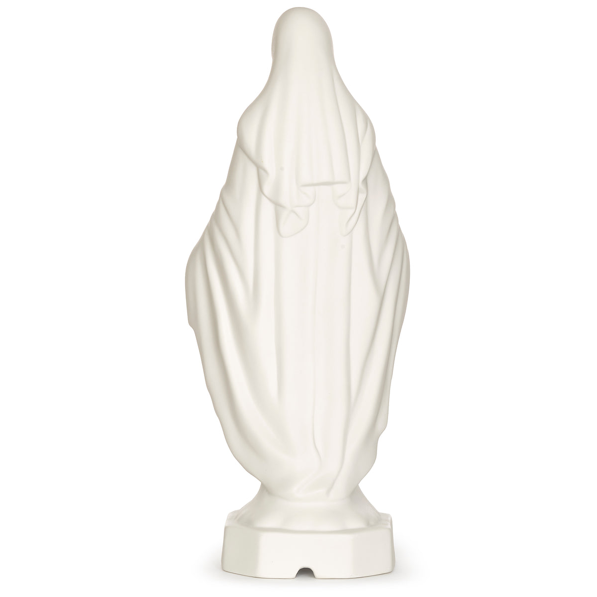 Back view of Lighted Our Lady of Grace figure showing the flowing mantle and smooth white finish