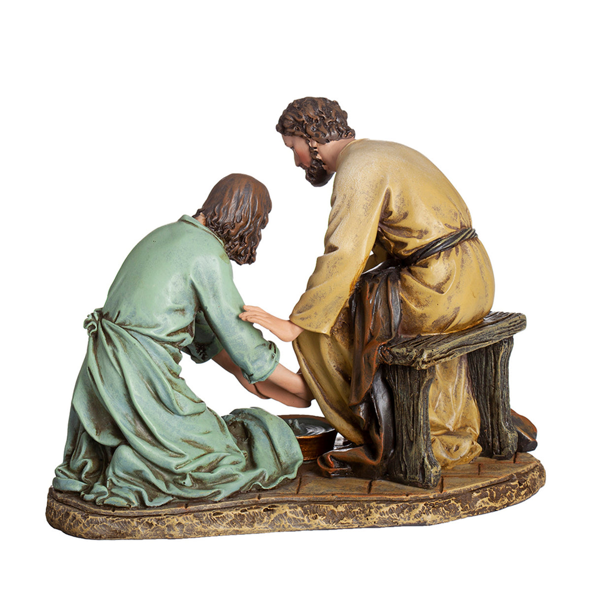 Opposite angled view of Joseph’s Studio Jesus Washing of the Feet Figure showing the disciple kneeling as Jesus bends forward to wash his feet