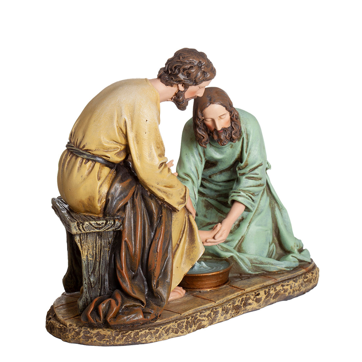 Side angled view of Joseph’s Studio Jesus Washing of the Feet Figure highlighting the seated Jesus, kneeling disciple, basin, and flowing robes