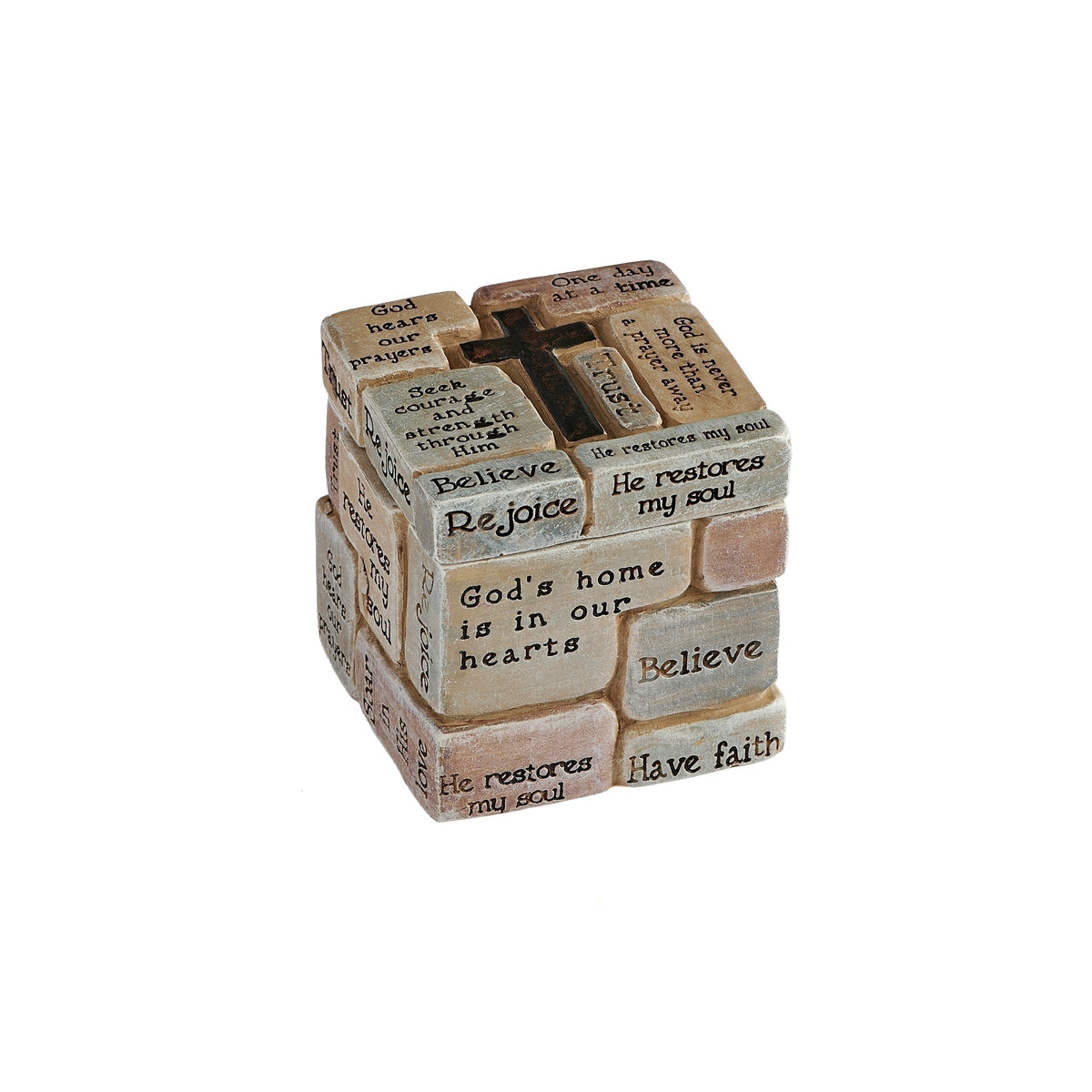 Angled view of closed trinket box showing its cross-topped lid and textured cream and gray word blocks.