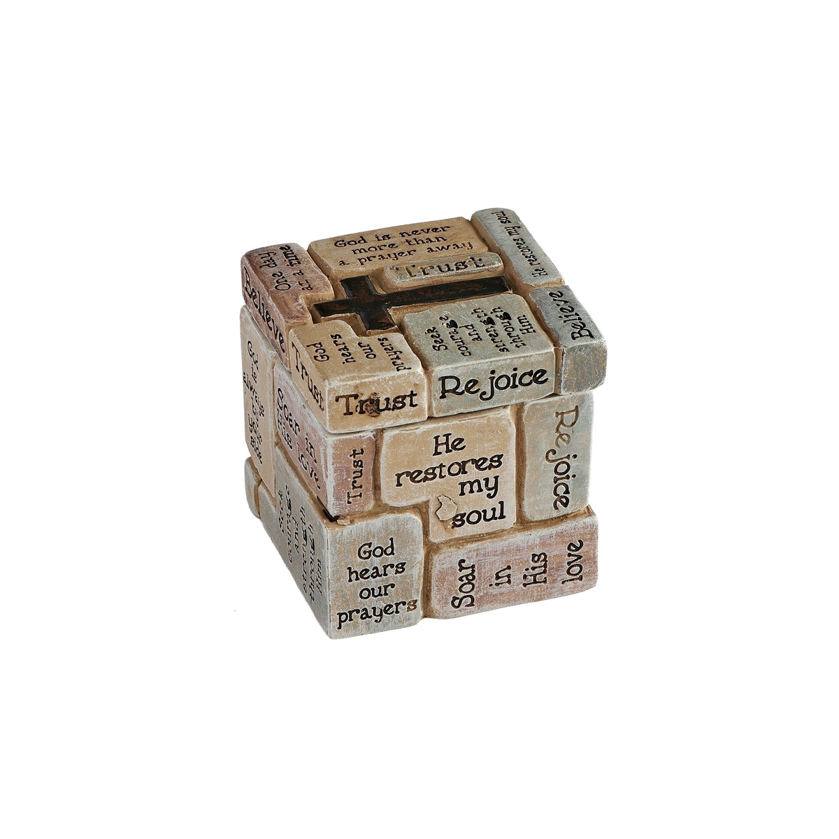 Opposite view of closed trinket box showing faith messages arranged around its square sides.