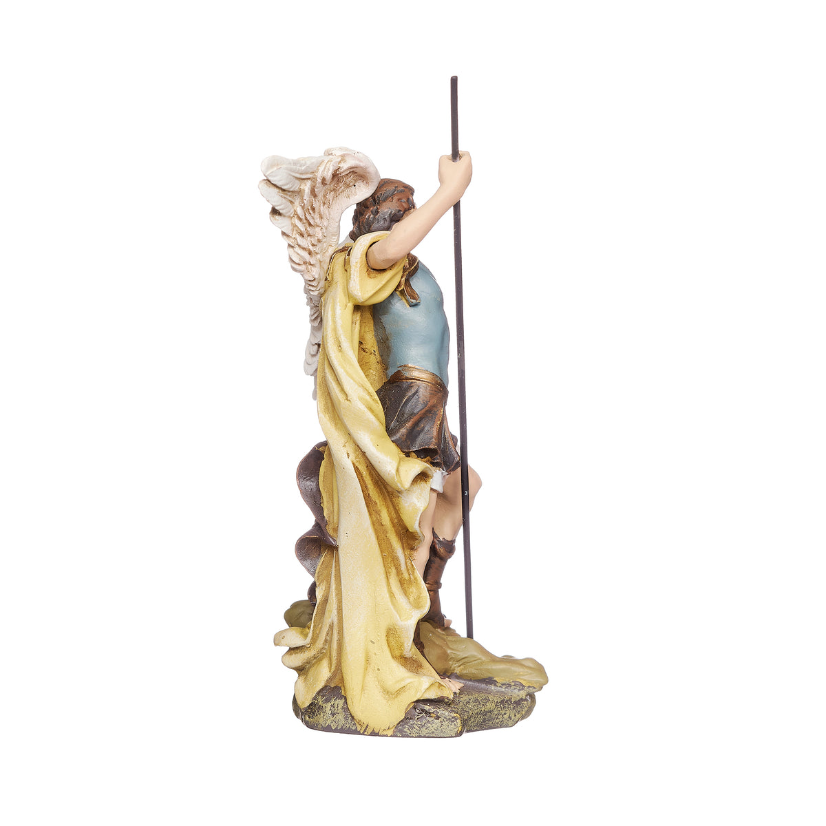 St. Michael religious figurine holding a spear with detailed wings side view