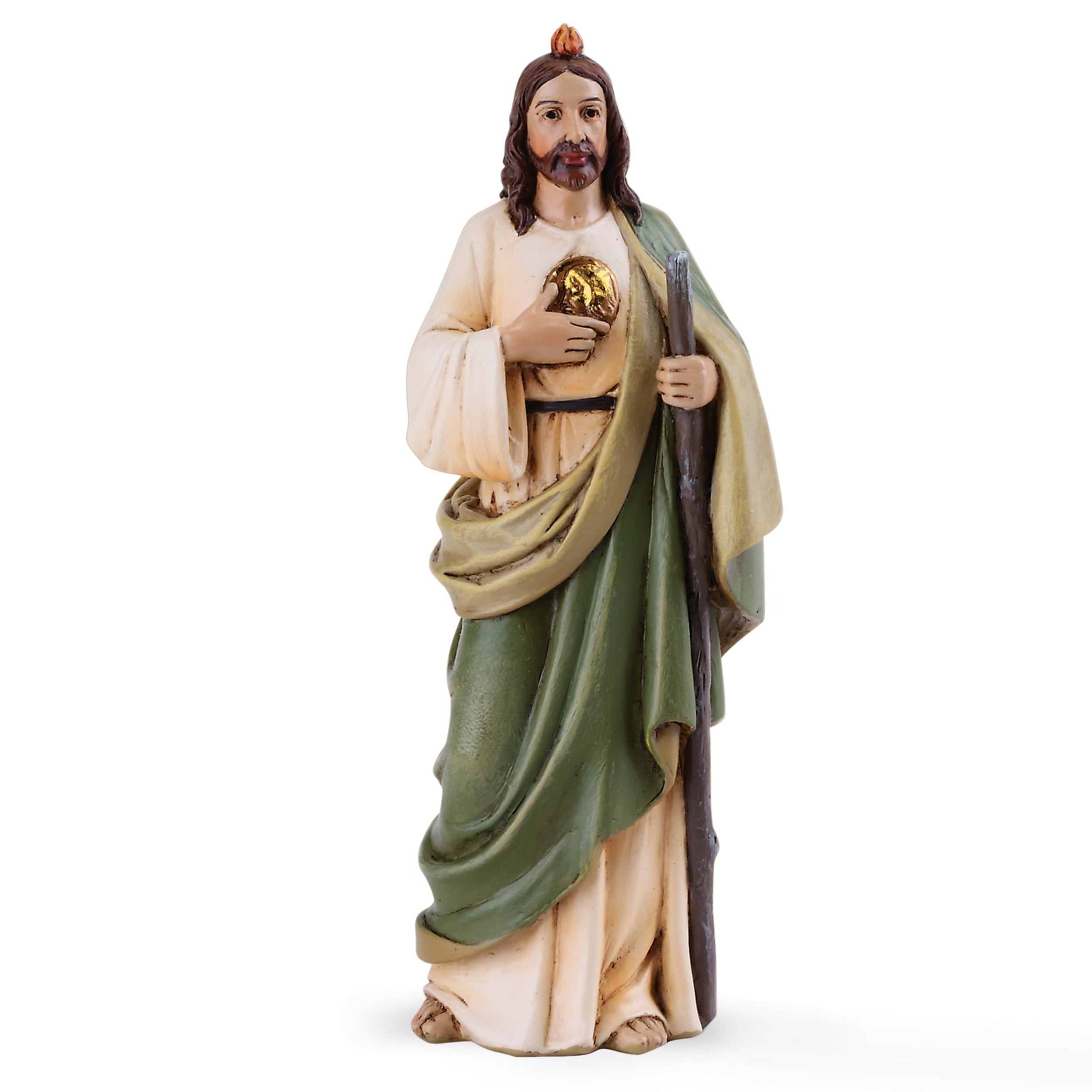Statue of a religious figure holding a heart, wearing a green robe and white shirt, on a white background.