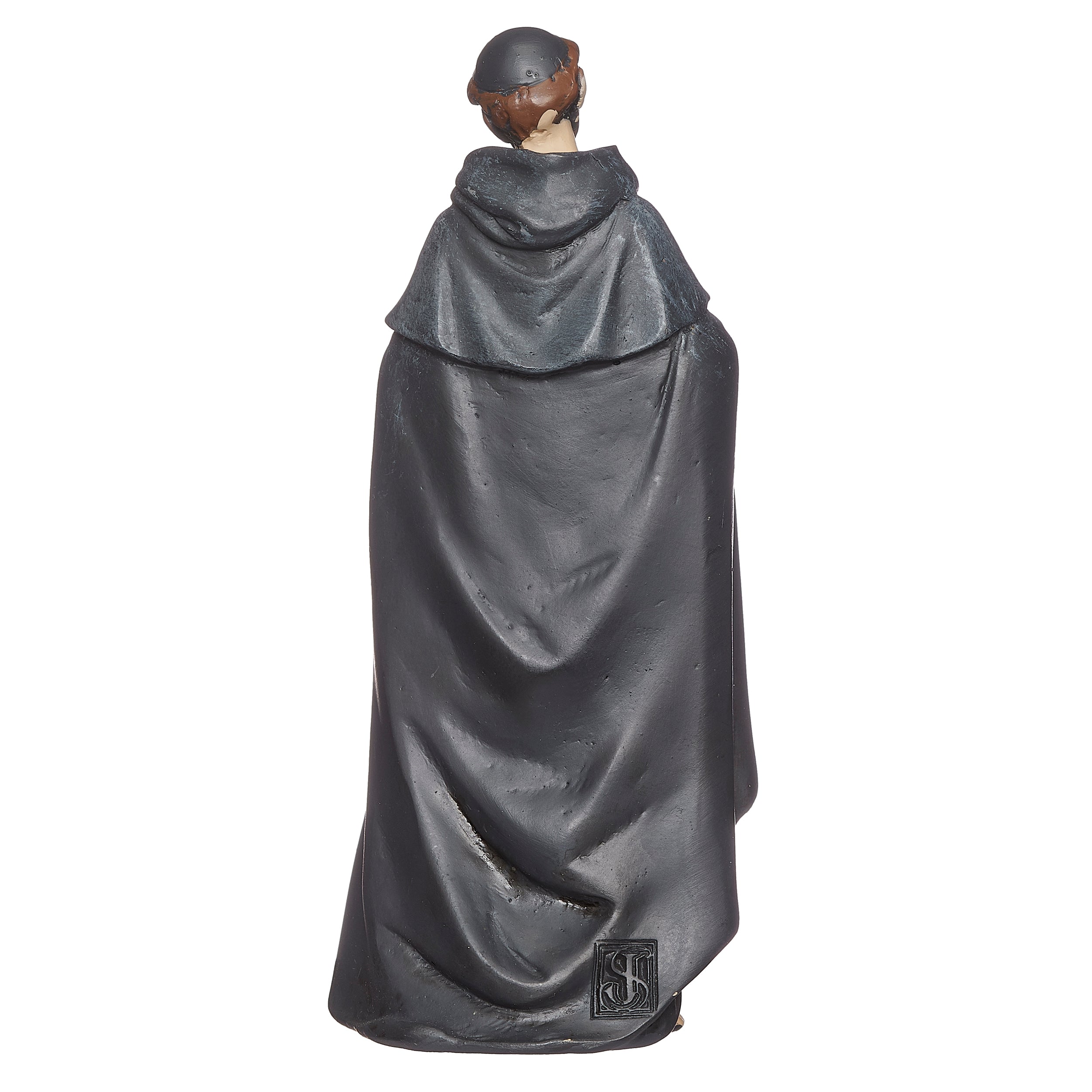 Statue of a figure in a long, draped garment on a white background