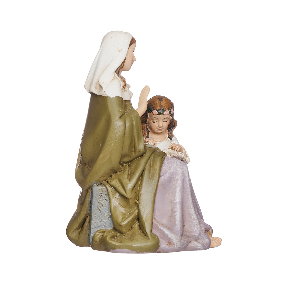 Side view of St. Anne Renaissance Collection Figure showing St. Anne seated beside the young Mary with sculpted robe details