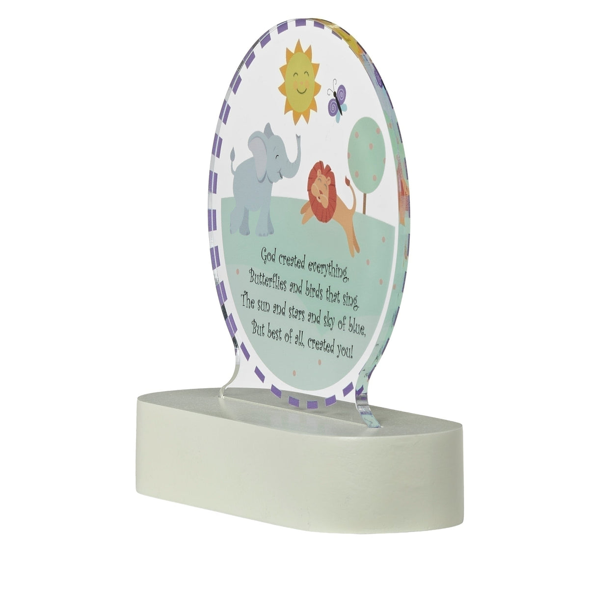 Front angled view of God Created Everything Lighted Tabletop Plaque showing the colorful animal artwork, round acrylic panel, and white tabletop base