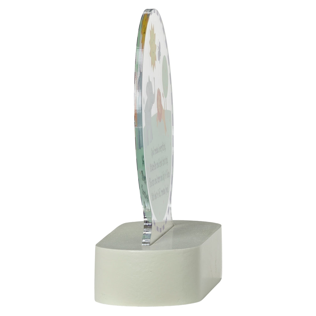 Side view of God Created Everything Lighted Tabletop Plaque showing the slim acrylic panel and white tabletop base