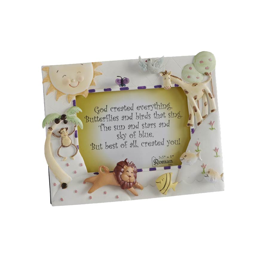 Front view of God Created Everything Picture Frame showing the colorful animal border, smiling sun, and inspirational message