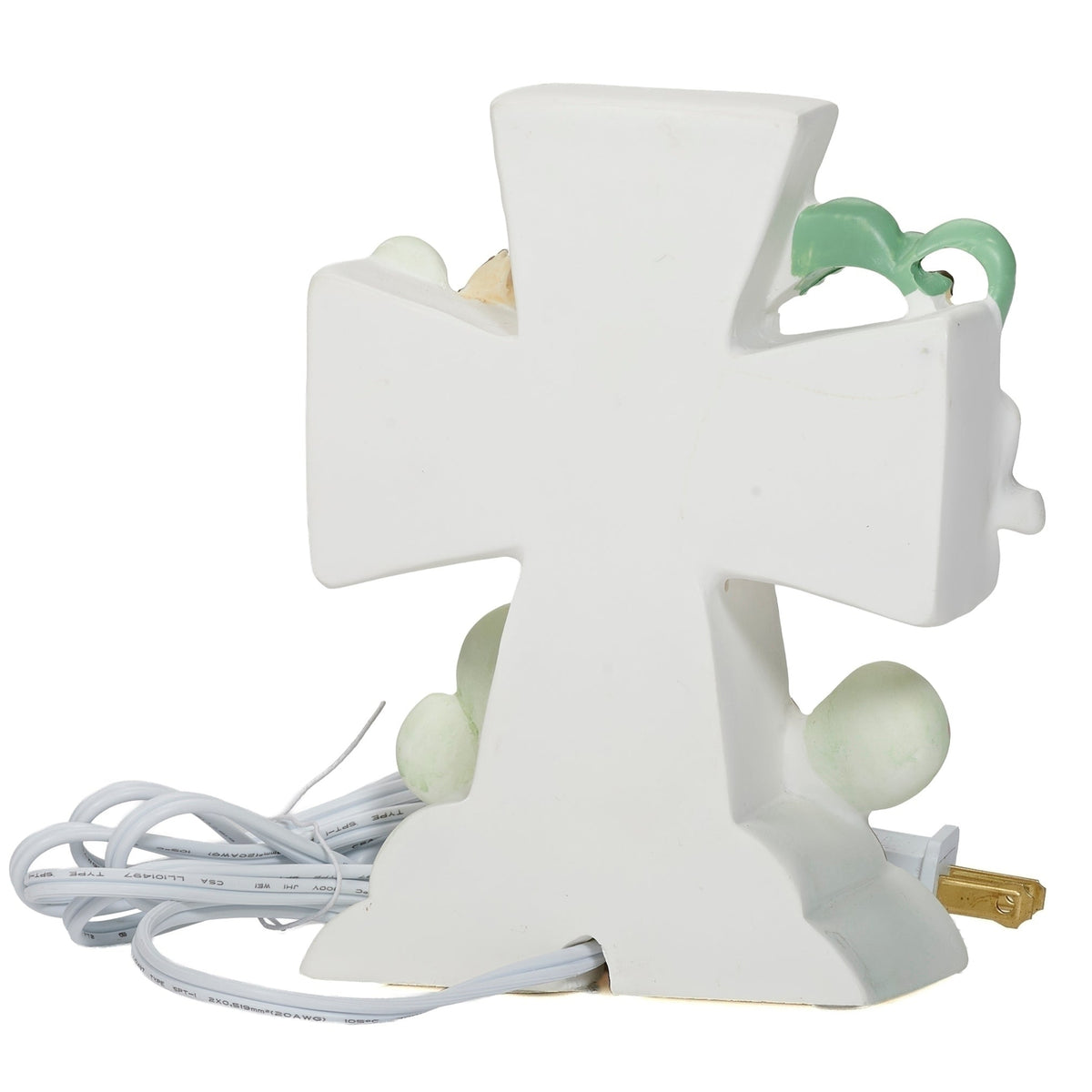 Opposite back angled view of God Created Everything Children’s Night-Light showing the rear of the cross, sculpted details, and plug-in cord