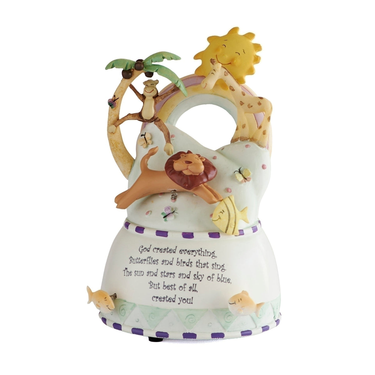Front angled view of God Created You Musical Animal Figure showing the animal scene, smiling sun, and decorative prayer base