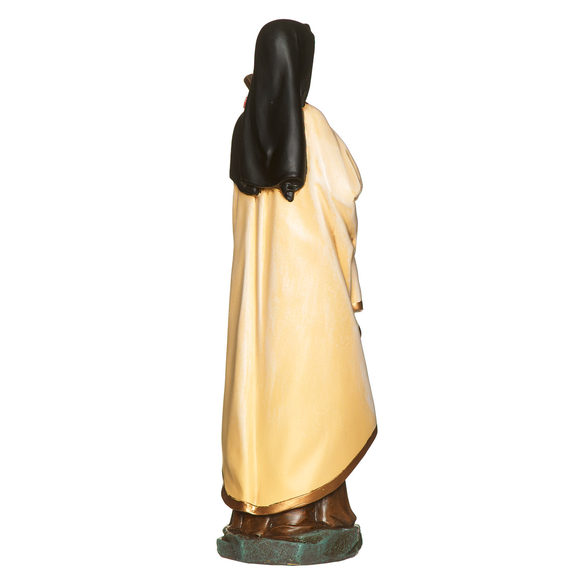 Rear angled view of Joseph's Studio St. Therese Figure showing the dark veil, flowing cream mantle, and detailed garment folds