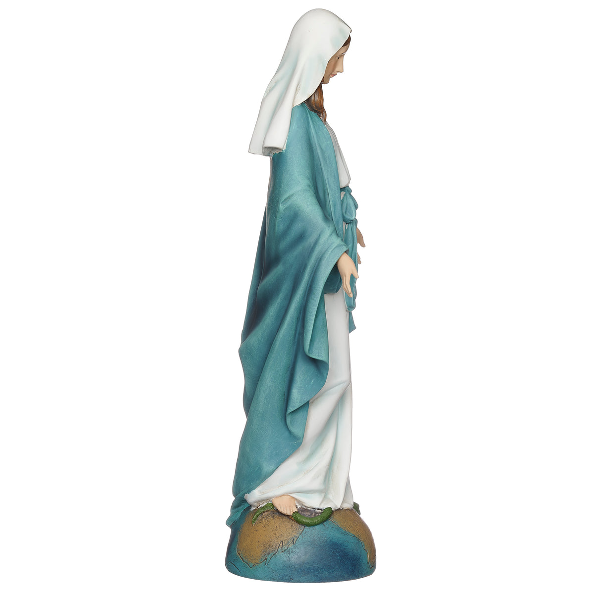 Our Lady of Grace religious statue side profile with blue mantle and sculpted base