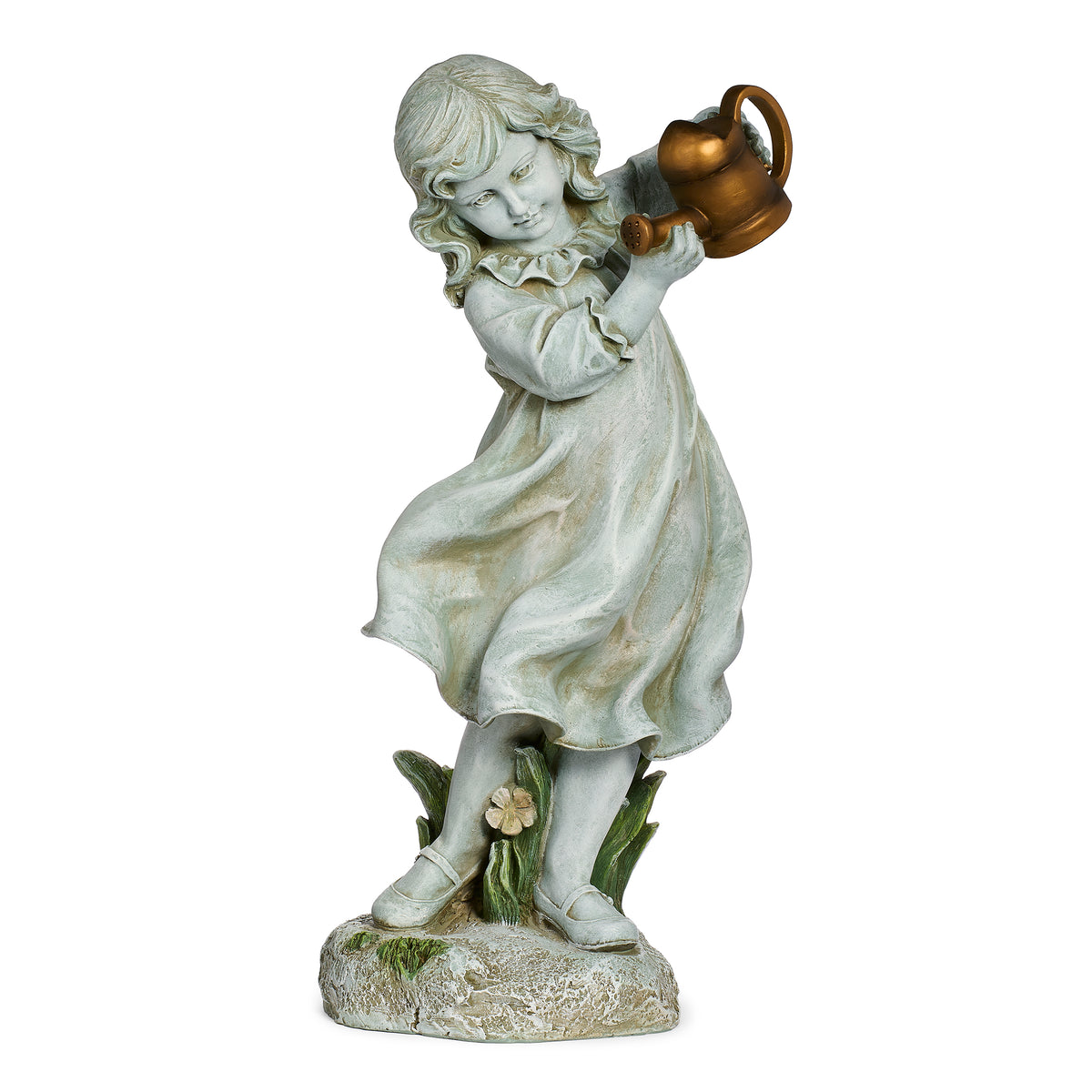 Front angled view of Joseph's Studio Girl with Watering Can Garden Statue showing the raised watering can, flowing dress, and naturalistic base