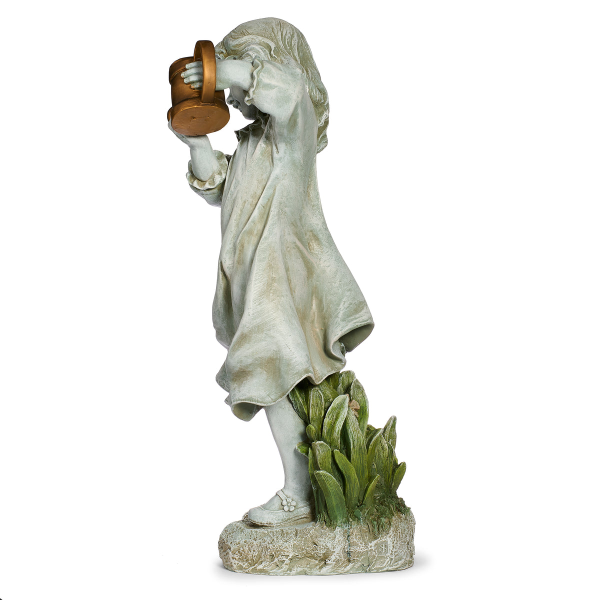 Side view of Joseph's Studio Girl with Watering Can Garden Statue showing the raised watering can, flowing skirt, and sculpted greenery