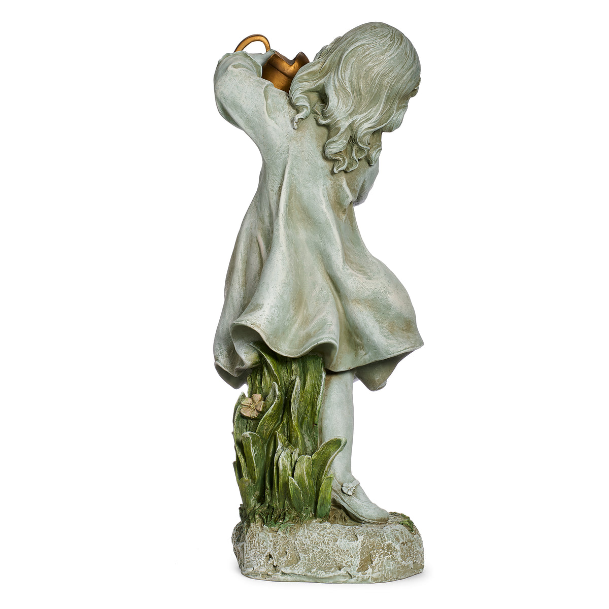 Back view of Joseph's Studio Girl with Watering Can Garden Statue showing the flowing dress, lifted watering can, and textured garden base