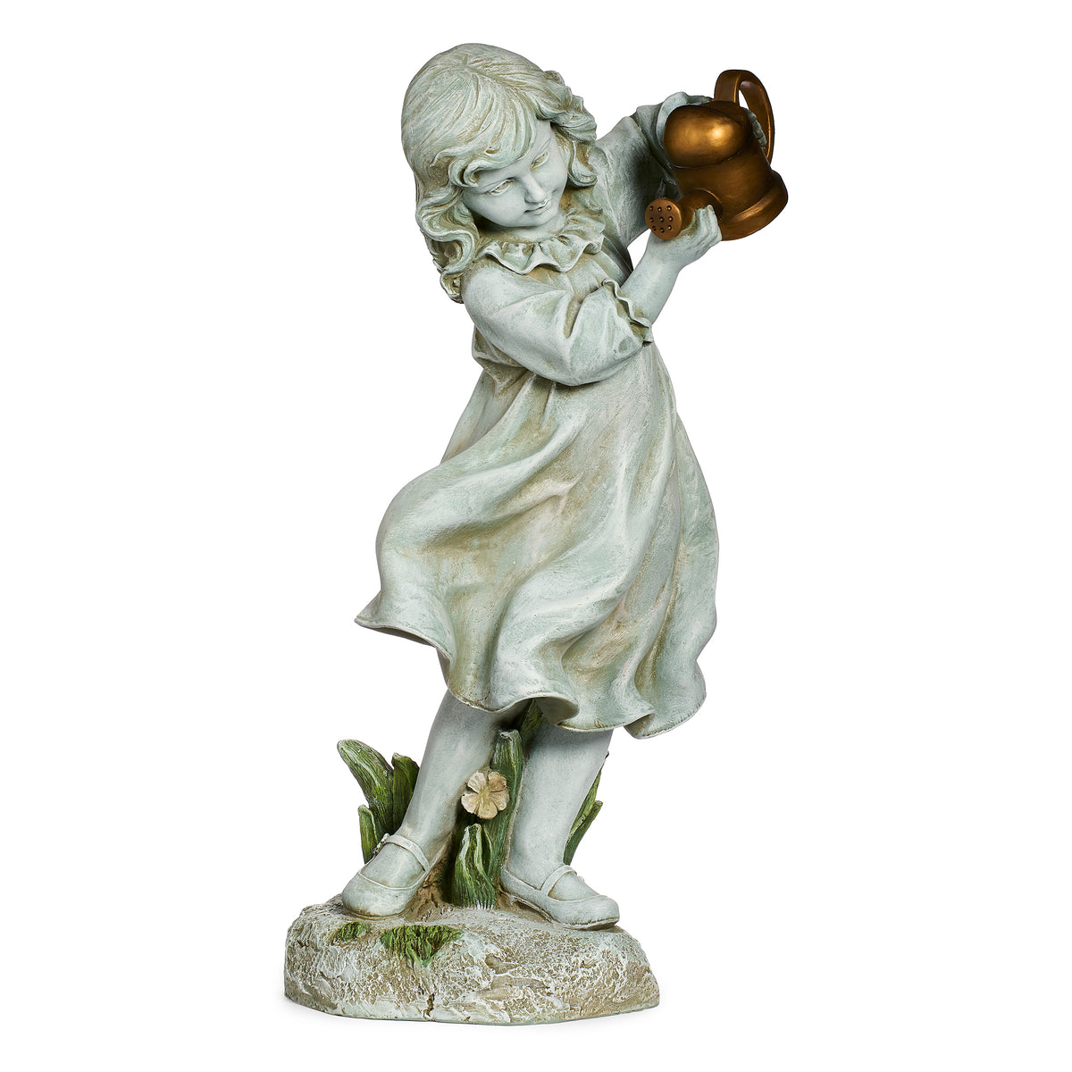 Alternate front angled view of Joseph's Studio Girl with Watering Can Garden Statue showing the expressive pose, flowing dress, and watering can